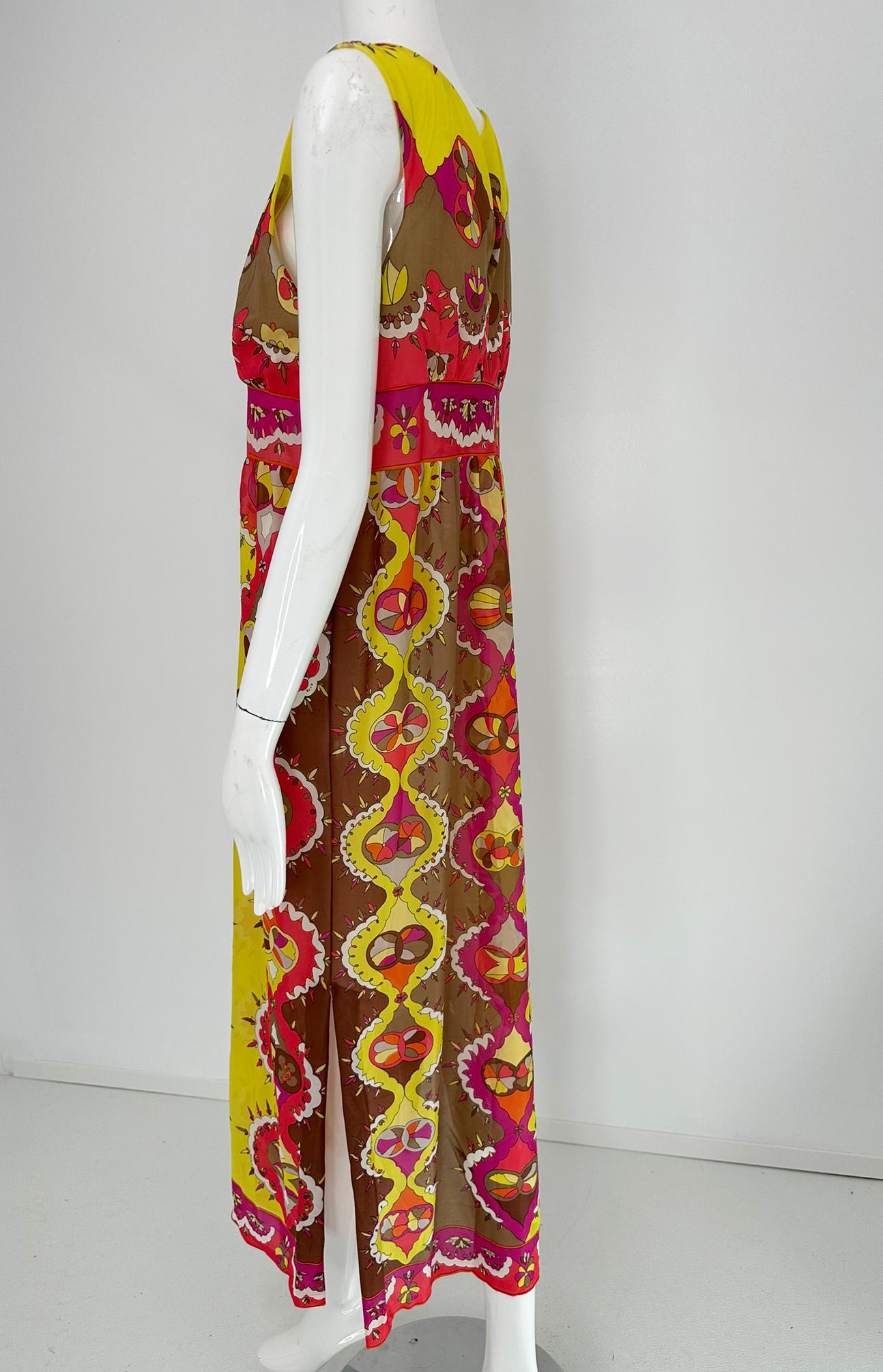 Emilio Pucci Formfit Rogers Yellow Pink Sleeveless Side Vent Maxi Dress 1970s M en vente 7