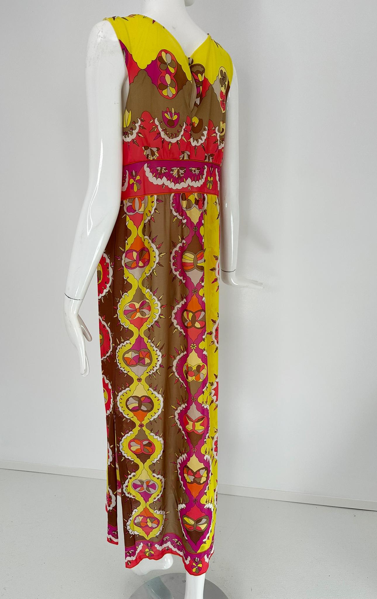 Emilio Pucci Formfit Rogers Yellow Pink Sleeveless Side Vent Maxi Dress 1970s M en vente 8