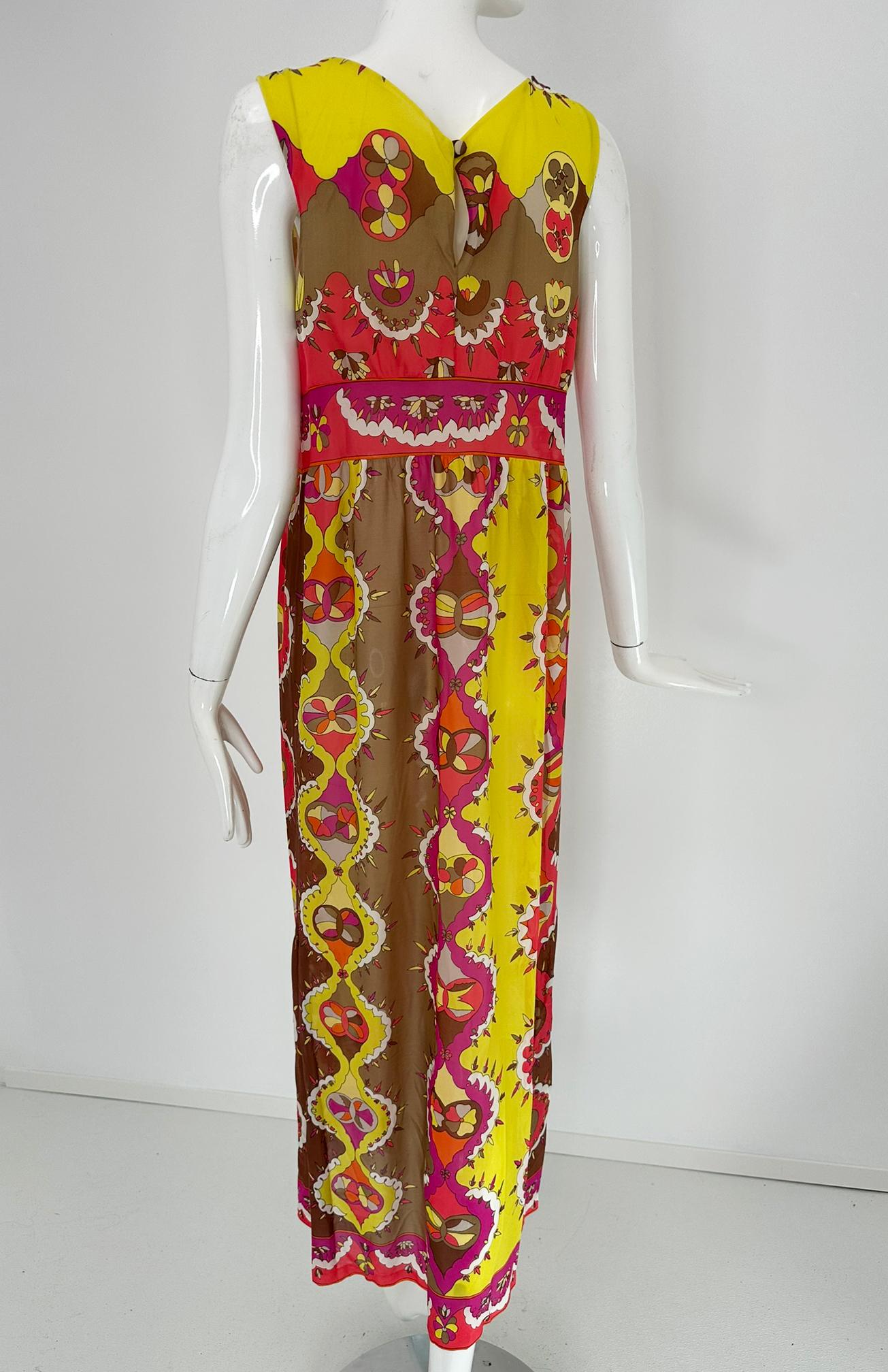 Emilio Pucci Formfit Rogers Yellow Pink Sleeveless Side Vent Maxi Dress 1970s M en vente 9