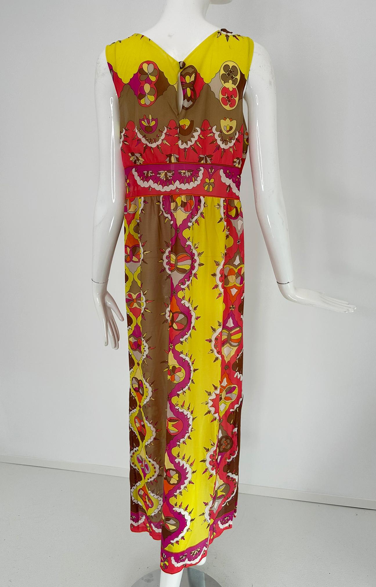 Emilio Pucci Formfit Rogers Yellow Pink Sleeveless Side Vent Maxi Dress 1970s M en vente 10