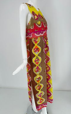Emilio Pucci Formfit Rogers Yellow Pink Sleeveless Side Vent Maxi Dress 1970s M