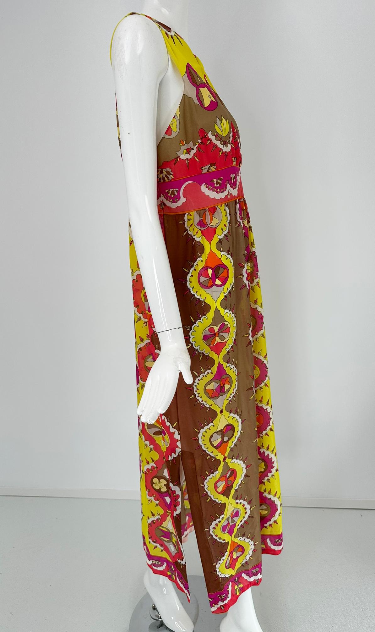 Marron Emilio Pucci Formfit Rogers Yellow Pink Sleeveless Side Vent Maxi Dress 1970s M en vente