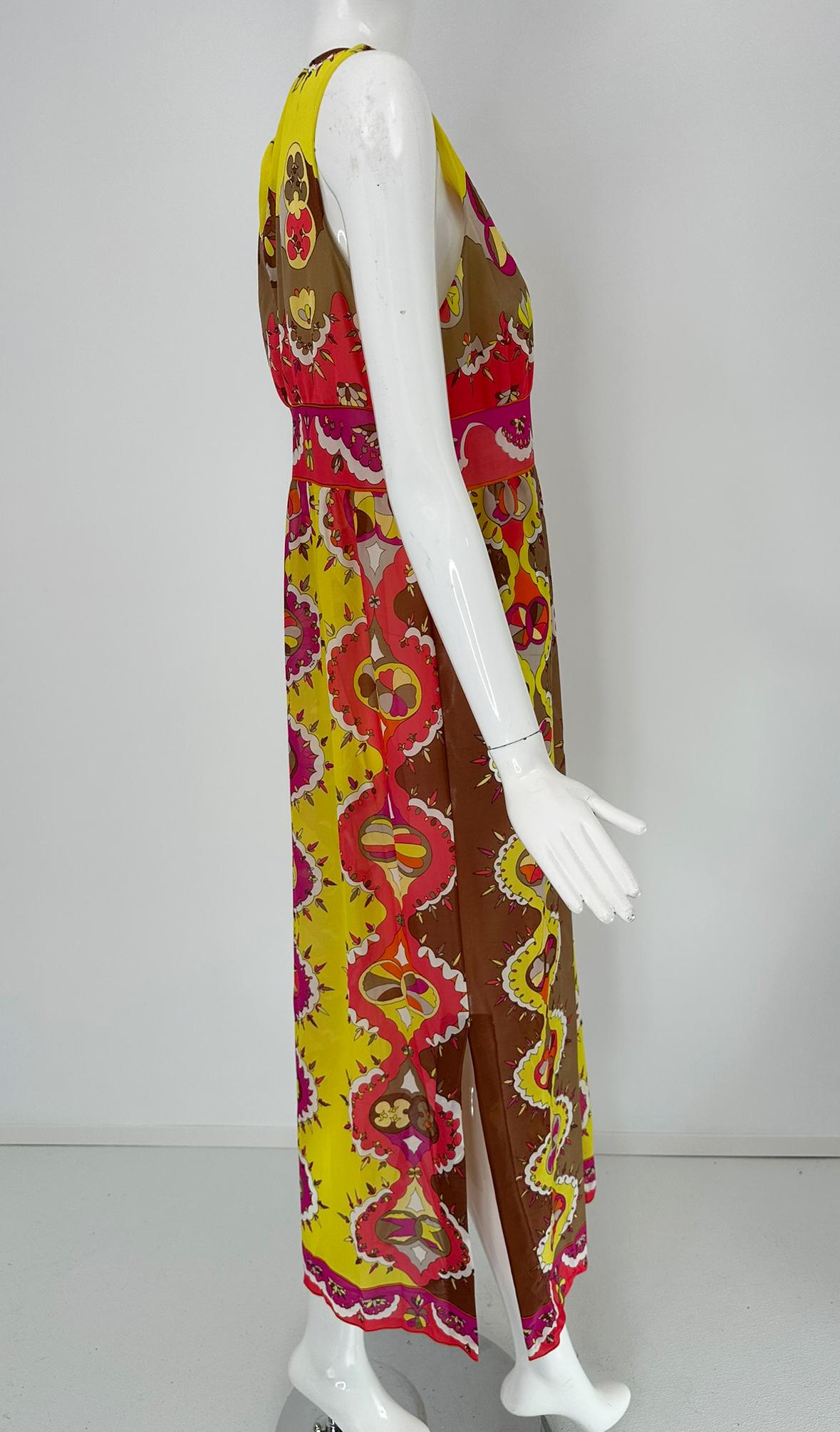 Emilio Pucci Formfit Rogers Yellow Pink Sleeveless Side Vent Maxi Dress 1970s M Bon état - En vente à West Palm Beach, FL
