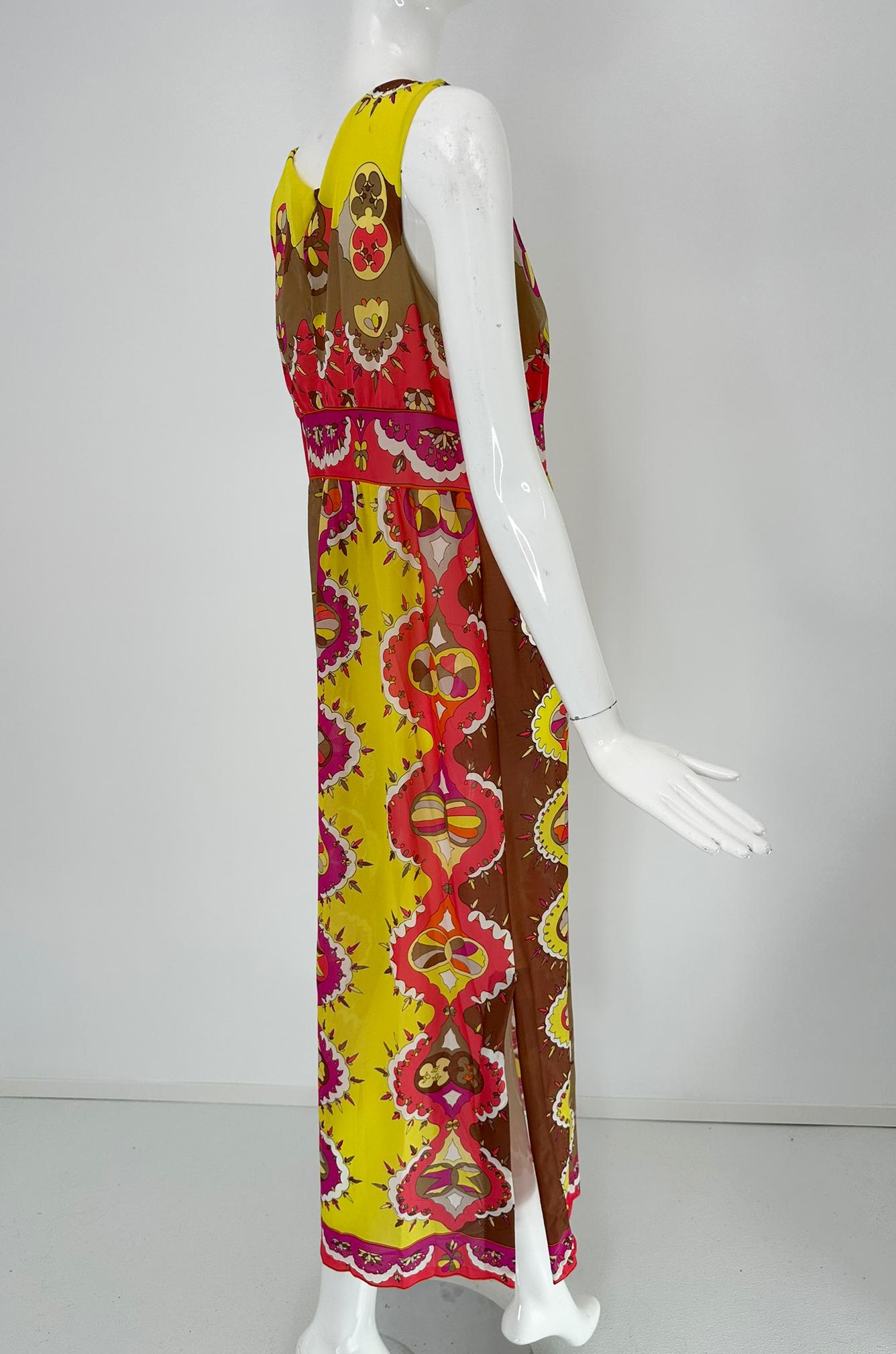 Emilio Pucci Formfit Rogers Yellow Pink Sleeveless Side Vent Maxi Dress 1970s M Pour femmes en vente