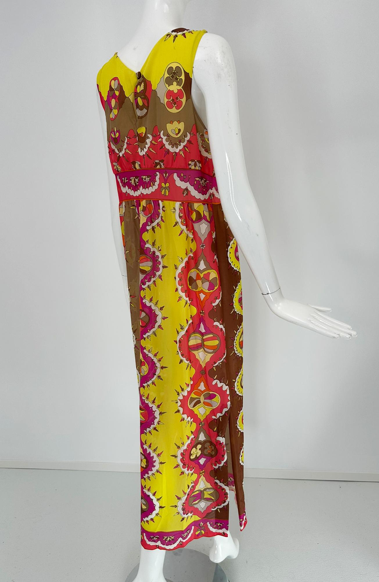 Emilio Pucci Formfit Rogers Yellow Pink Sleeveless Side Vent Maxi Dress 1970s M en vente 1
