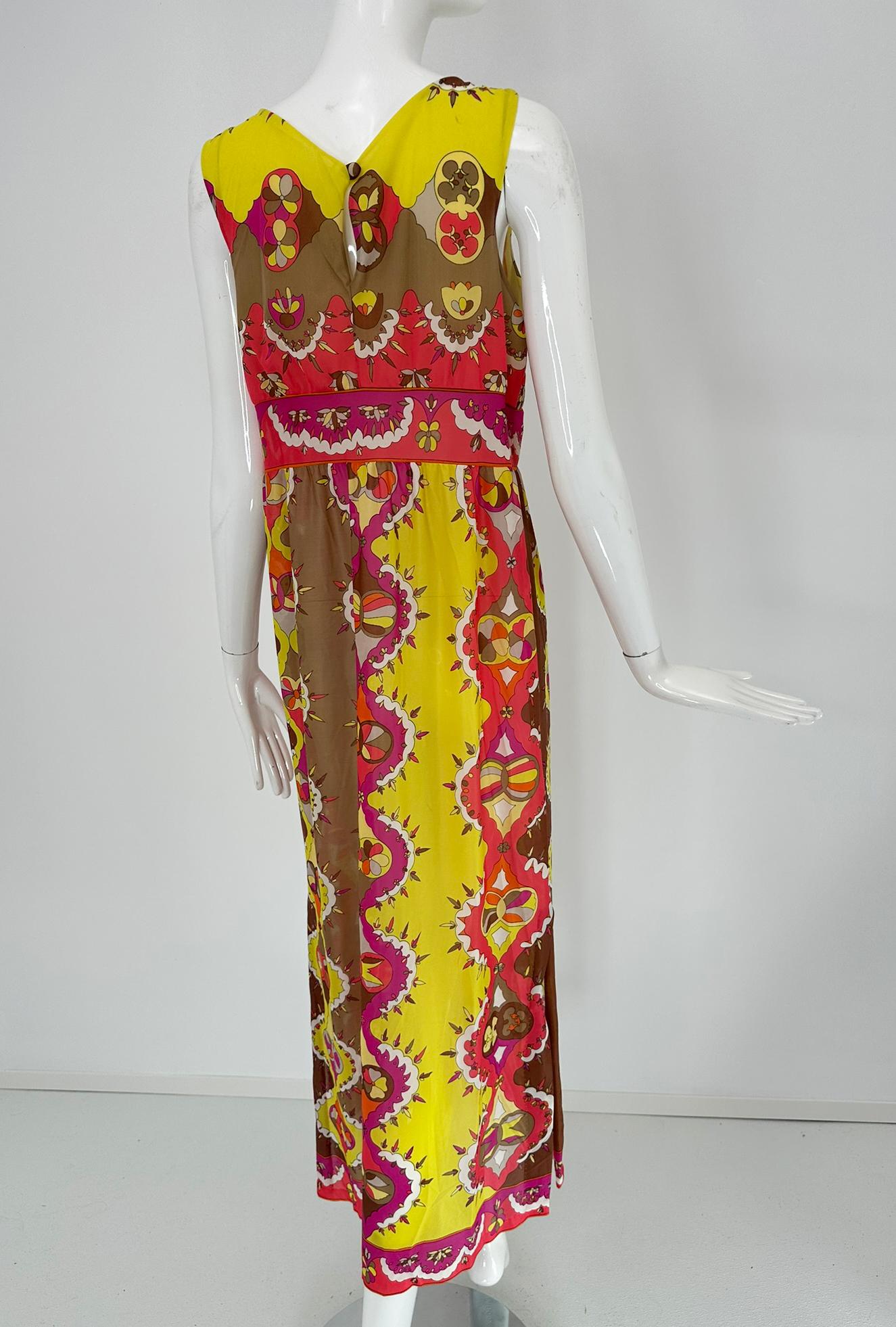 Emilio Pucci Formfit Rogers Yellow Pink Sleeveless Side Vent Maxi Dress 1970s M en vente 2
