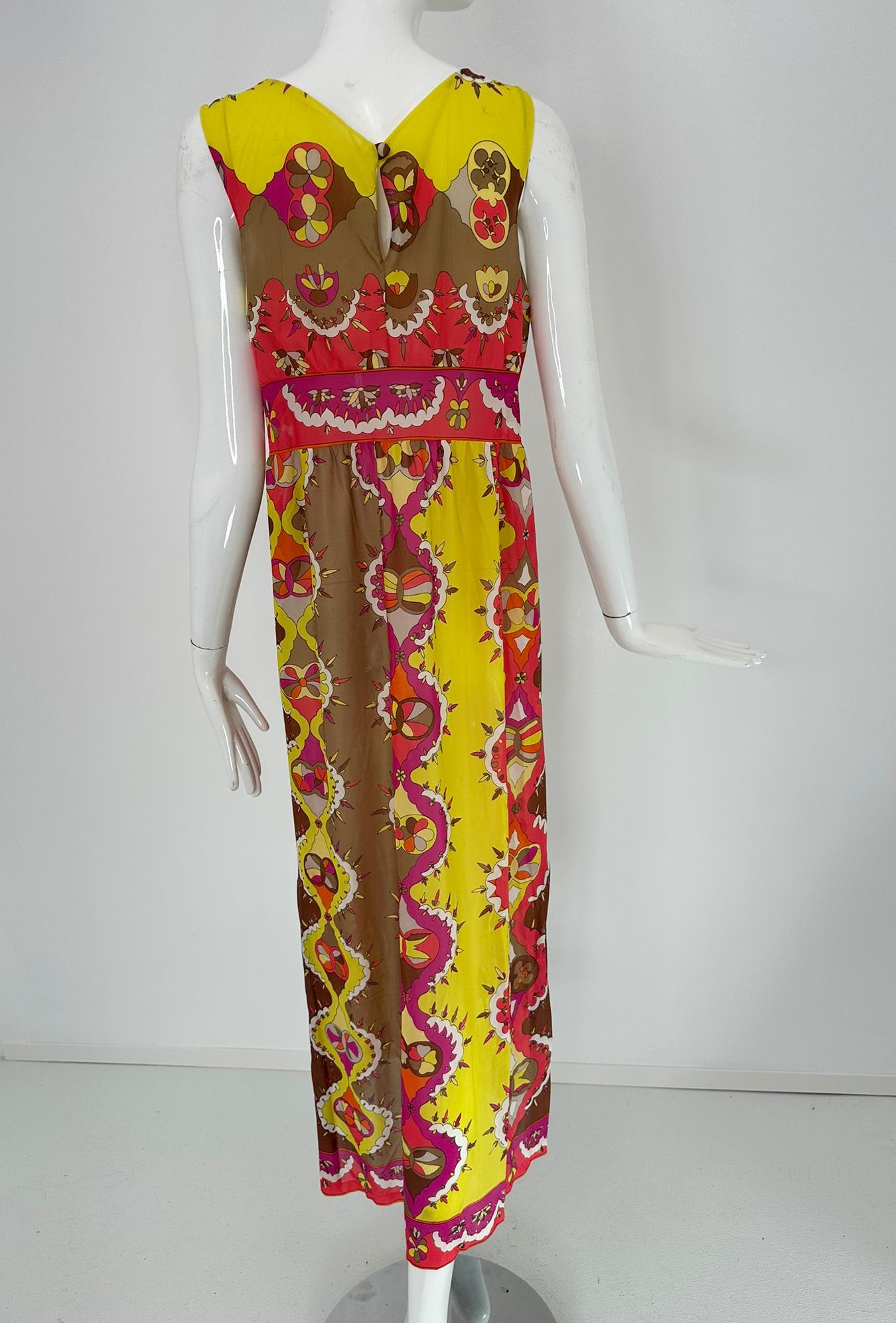 Emilio Pucci Formfit Rogers Yellow Pink Sleeveless Side Vent Maxi Dress 1970s M en vente 3
