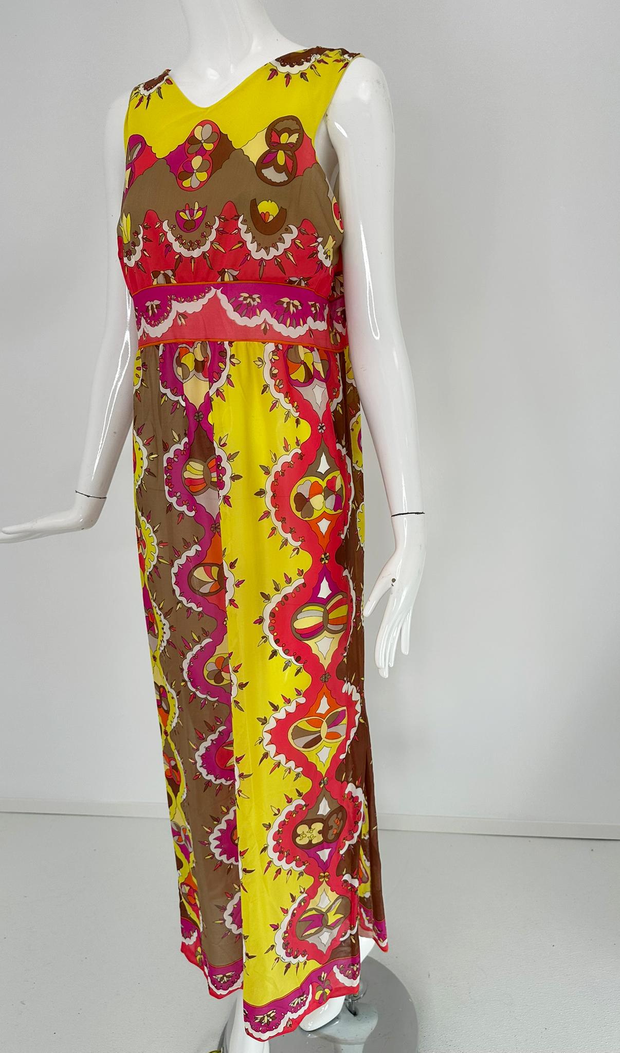 Emilio Pucci Formfit Rogers Yellow Pink Sleeveless Side Vent Maxi Dress 1970s M en vente 4