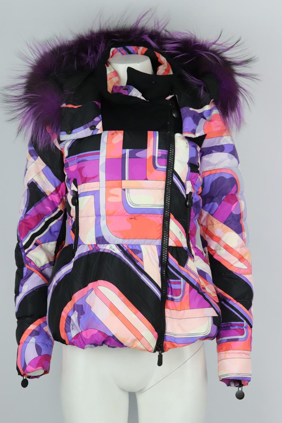 Emilio Pucci fox fur trimmed printed quilted shell down jacket. Black, purple and pink. Long sleeve, crewneck. Zip up fastening at front. 100% wool; fabric2: 100% polyamide; trim: 100% fox fur; lining: 100% polyester; padding: 90% duck down, 10%