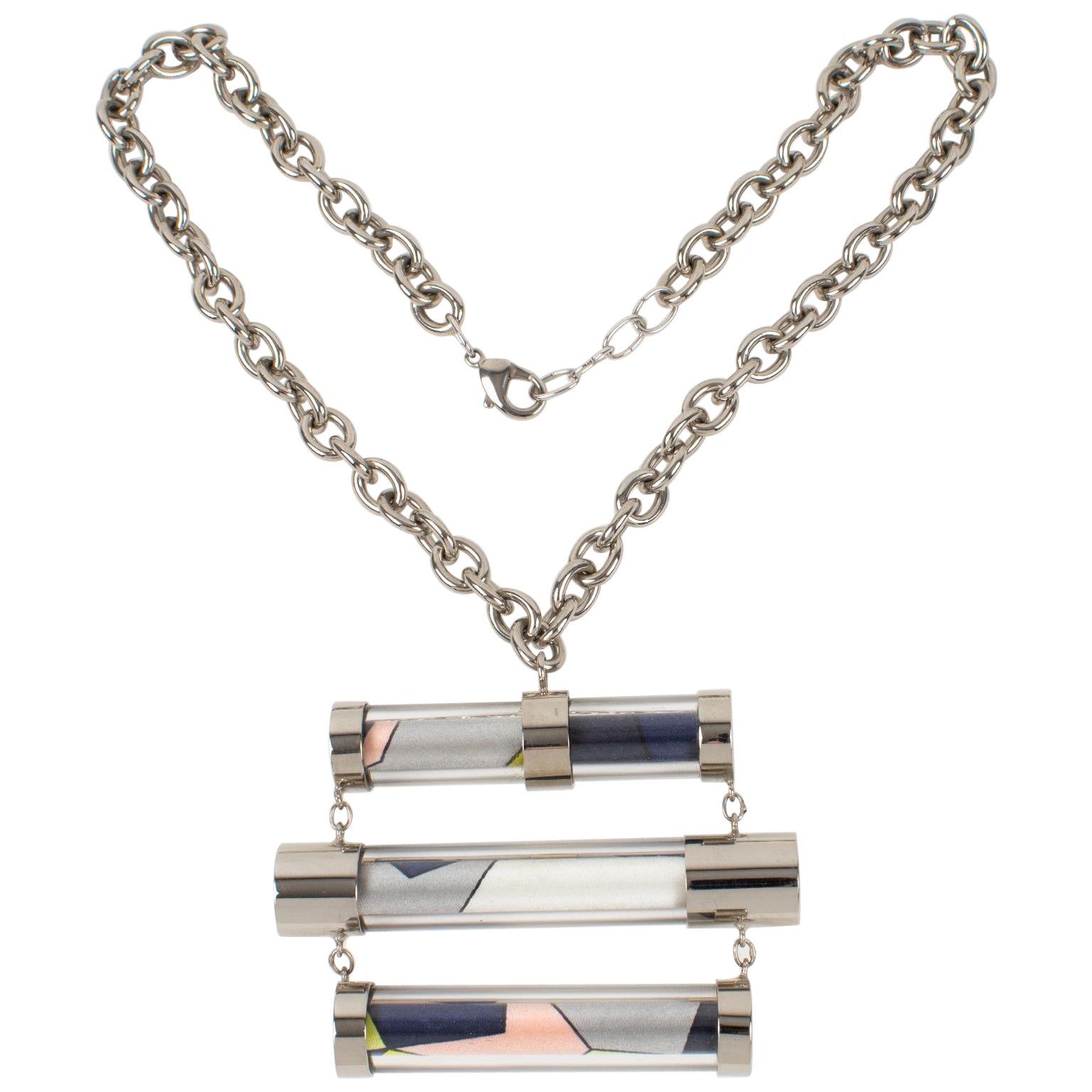 Emilio Pucci Futuristic Chrome Metal and Silk Abstract Choker Necklace For Sale