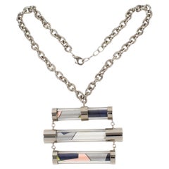 Emilio Pucci Futuristic Silvered Metal and Silk Abstract Geometric Necklace