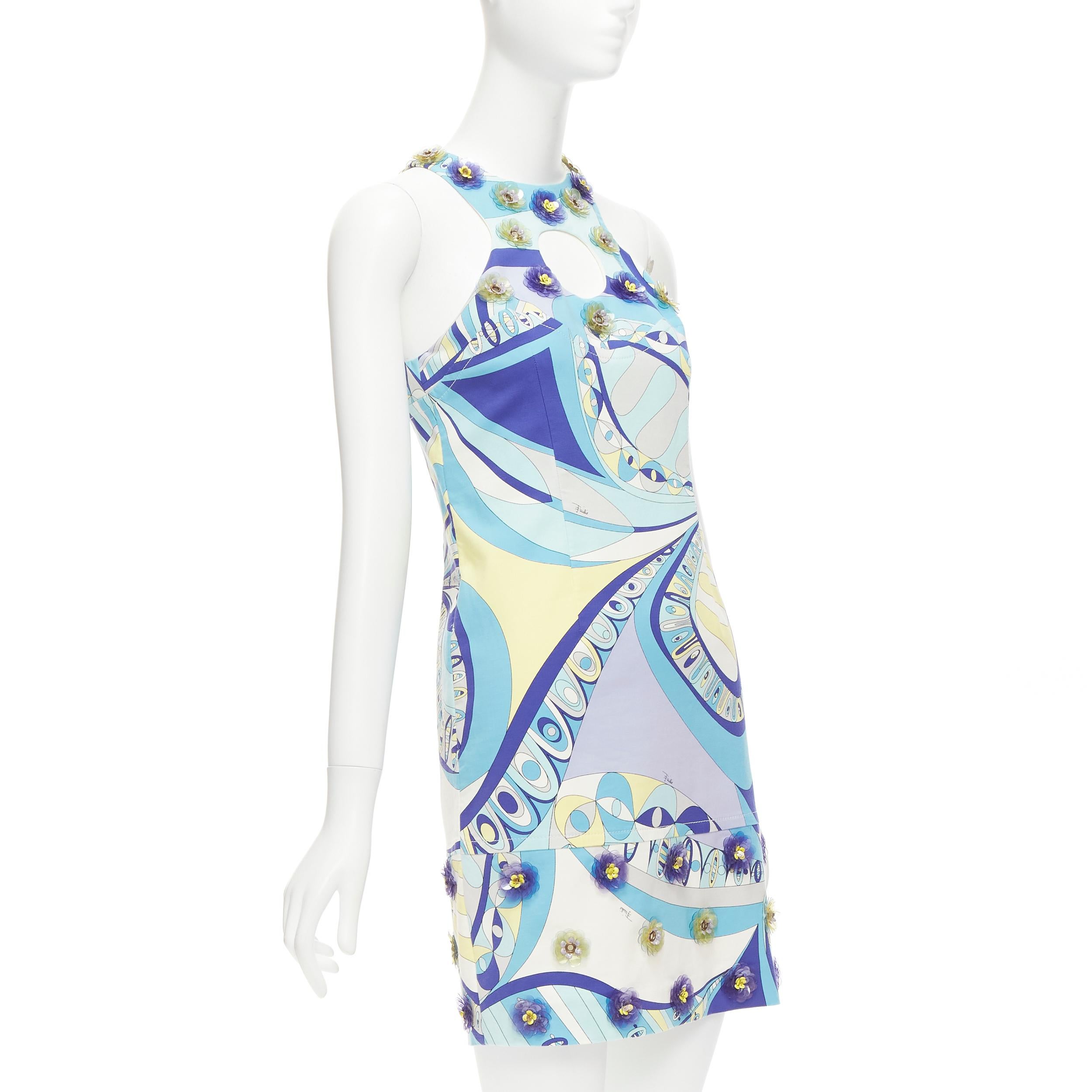 EMILIO PUCCI geometric floral print cut out flower applique halter mini dress In Excellent Condition For Sale In Hong Kong, NT