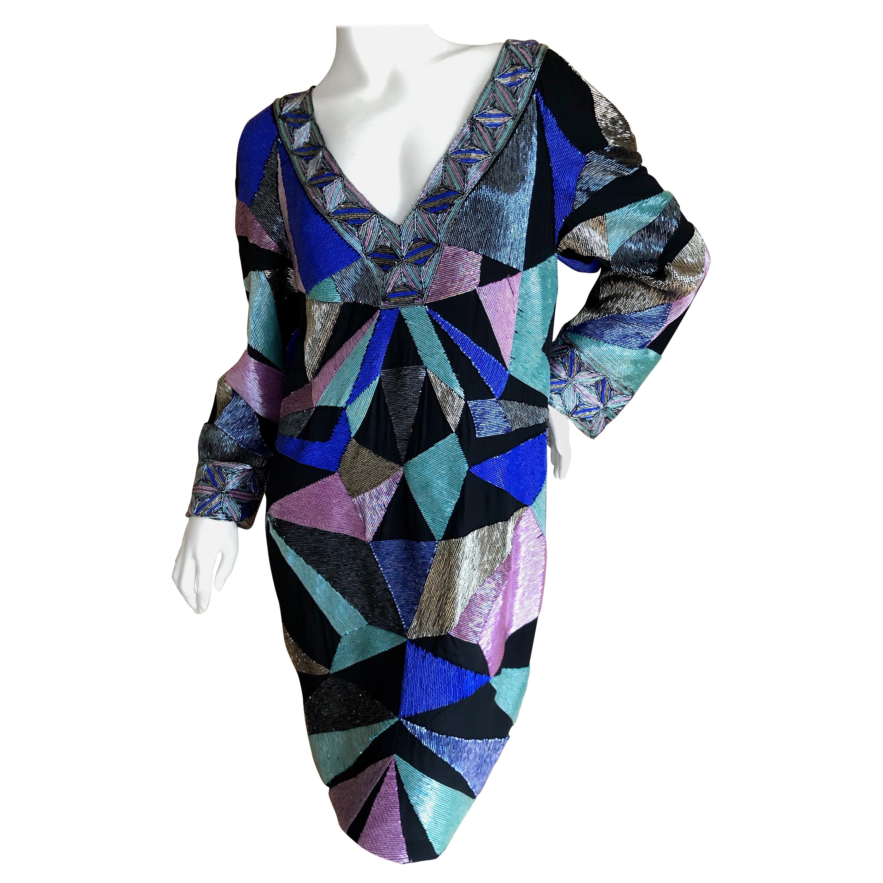 Emilio Pucci Geometric Glass Bugle Bead Embellished Cocktail Dress NWT $7260 42 For Sale