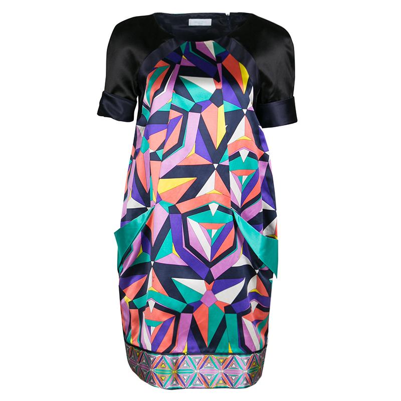 Black Emilio Pucci Geometric Printed Satin Pocket Detail Shift Dress S