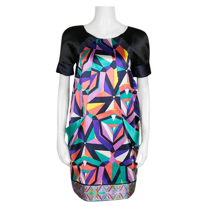 Emilio Pucci Geometric Printed Satin Pocket Detail Shift Dress S