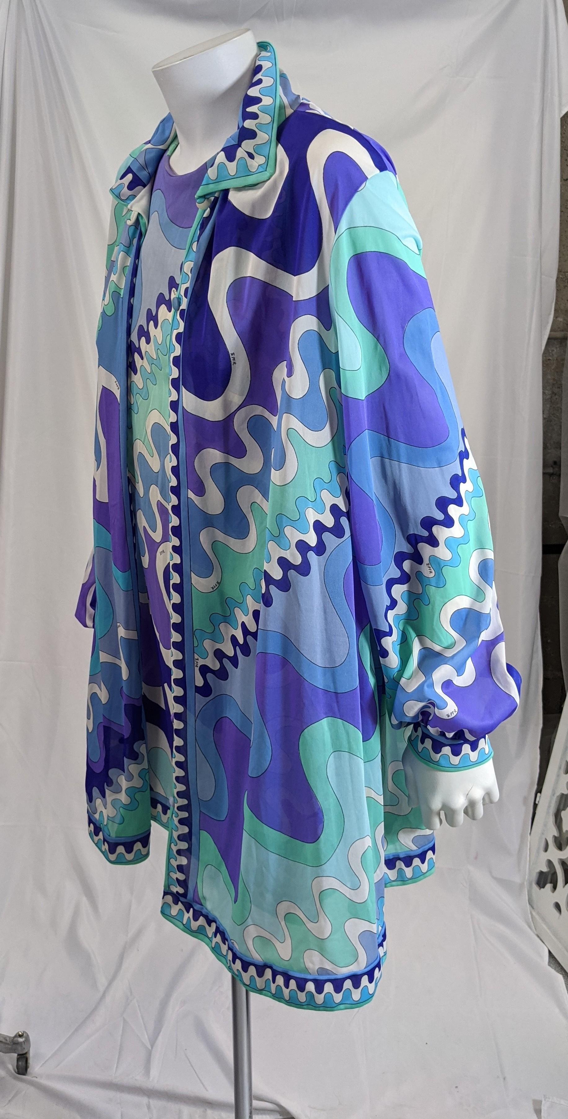 Emilio Pucci Lounge Set in printed nylon from the 1960's for Formfit Rogers. Great graphic pieces which can be worn today as outerwear which were originally designed as lingerie loungewear. 
Includes an overshirt with gathered sleeves and a mini