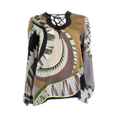 Chemisier Emilio Pucci en soie imprimée à lacets gris beige et vert, taille 38 XS