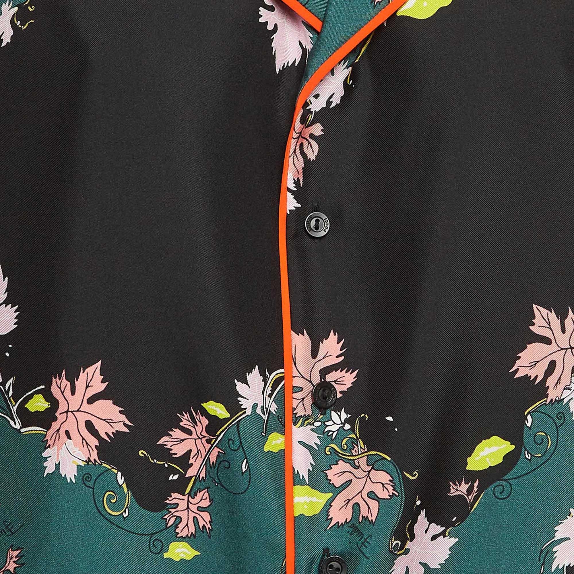 Emilio Pucci Green/Black Printed Silk Shirt S In Good Condition For Sale In Dubai, Al Qouz 2