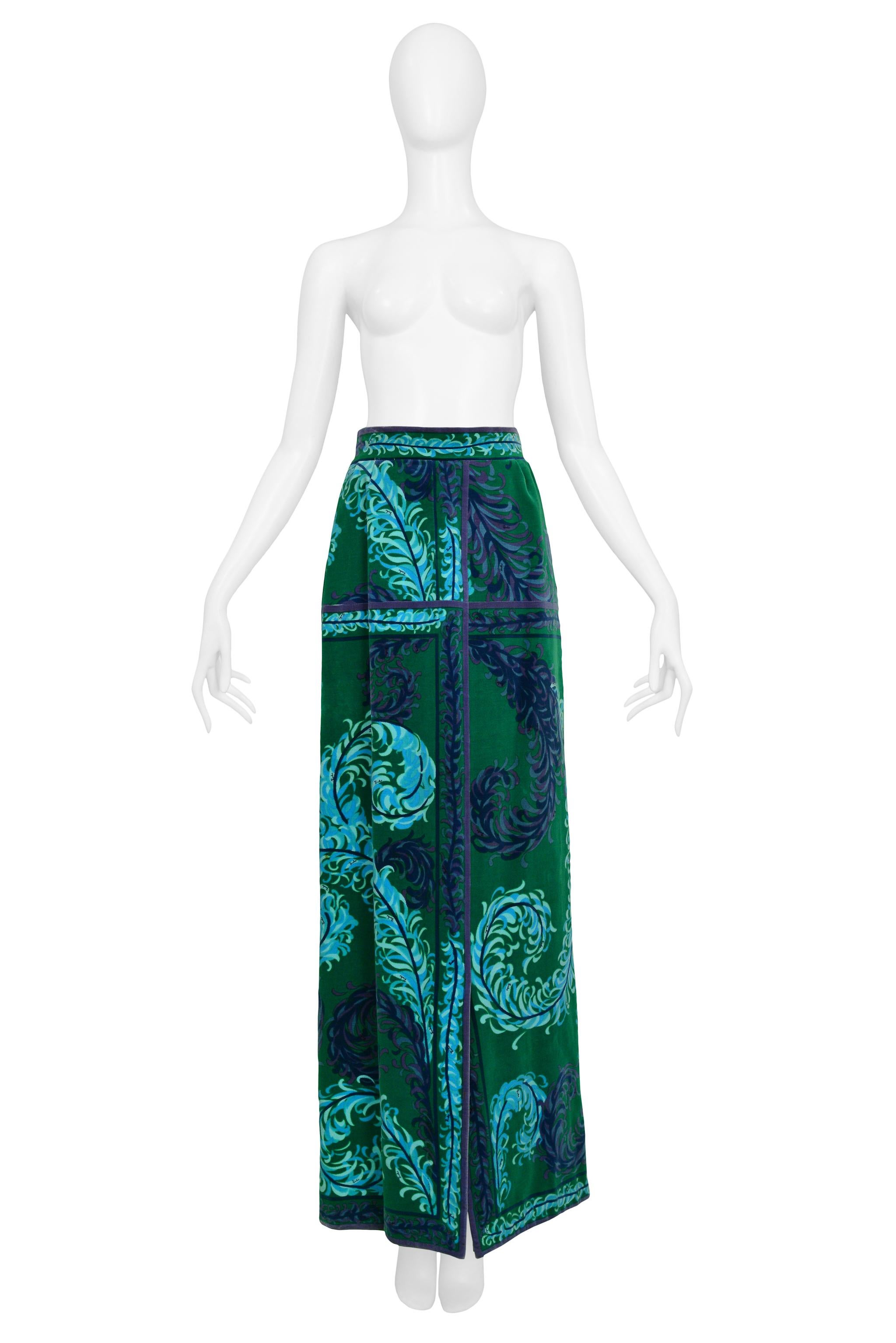 Resurrection Vintage is excited to offer a vintage Emilio Pucci green and blue cotton velvet maxi skirt featuring feather print with 