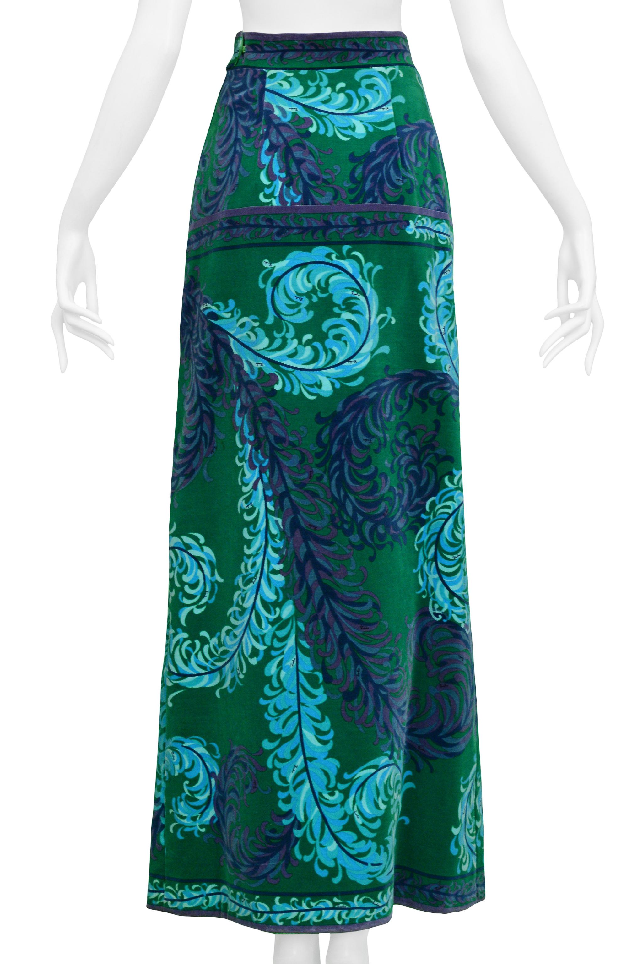 Emilio Pucci Green & Blue Velvet Hostess Maxi Skirt With Feather Print In Good Condition For Sale In Los Angeles, CA