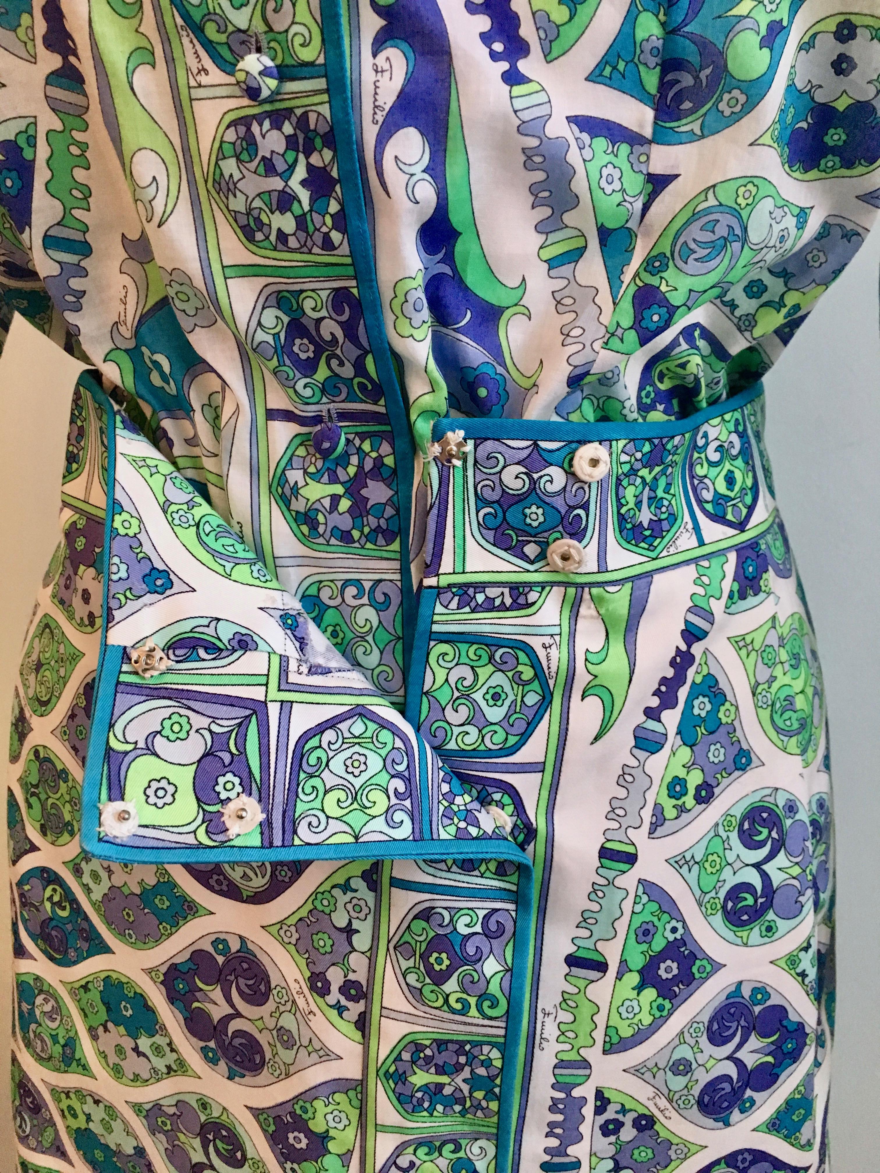 Emilio Pucci Green, Lavender, Blue and Purple Cotton Blouse and Skirt Set 1960s For Sale 6