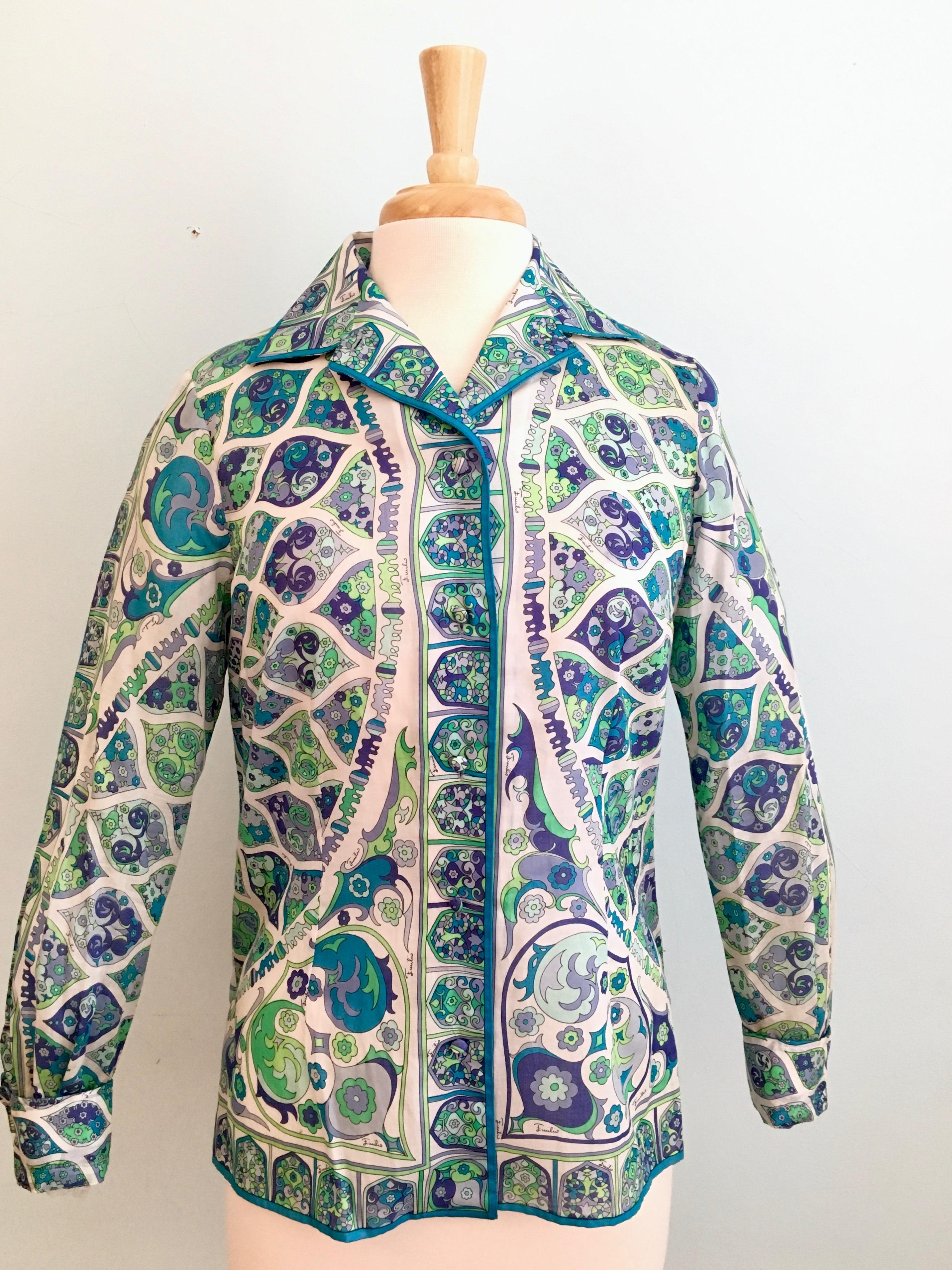 Gray Emilio Pucci Green, Lavender, Blue and Purple Cotton Blouse and Skirt Set 1960s For Sale