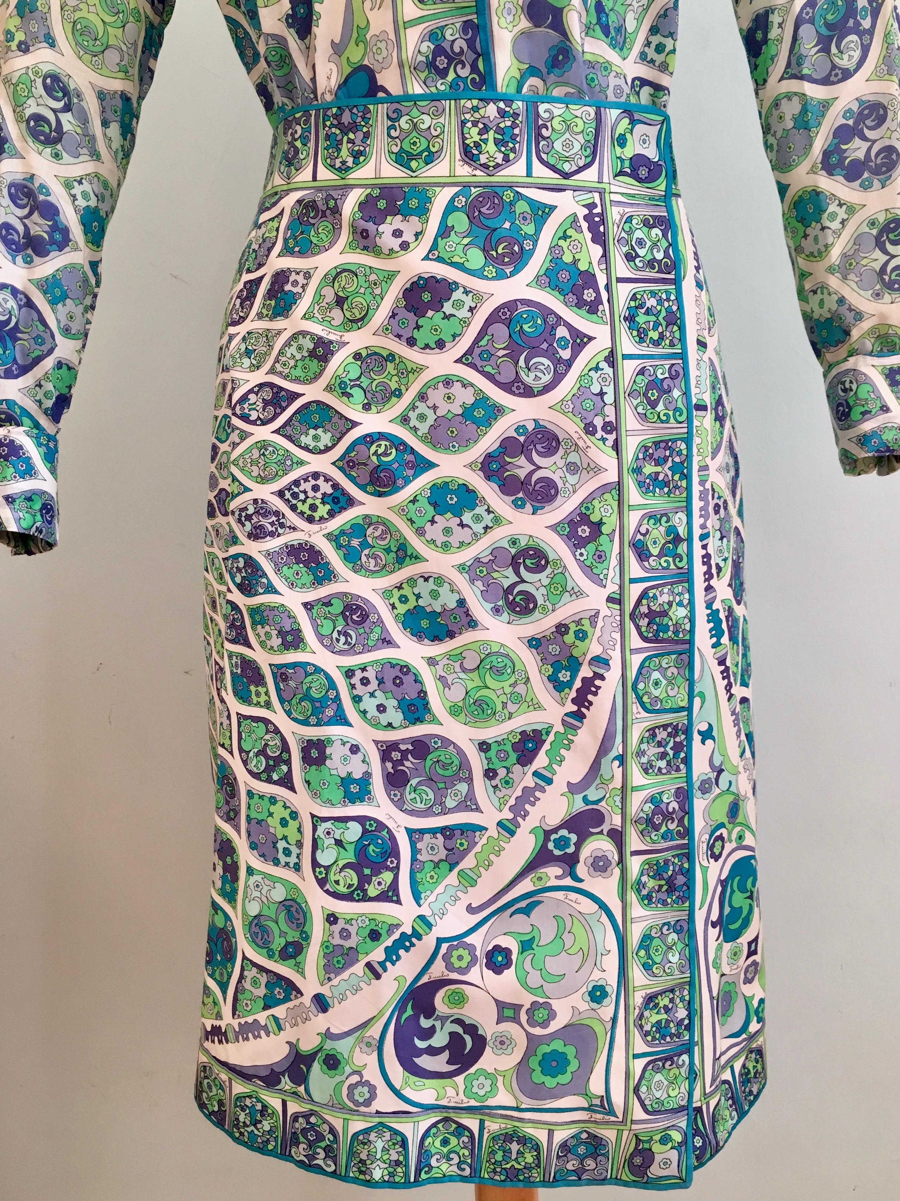 Emilio Pucci Green, Lavender, Blue and Purple Cotton Blouse and Skirt Set 1960s In Excellent Condition For Sale In Chicago, IL
