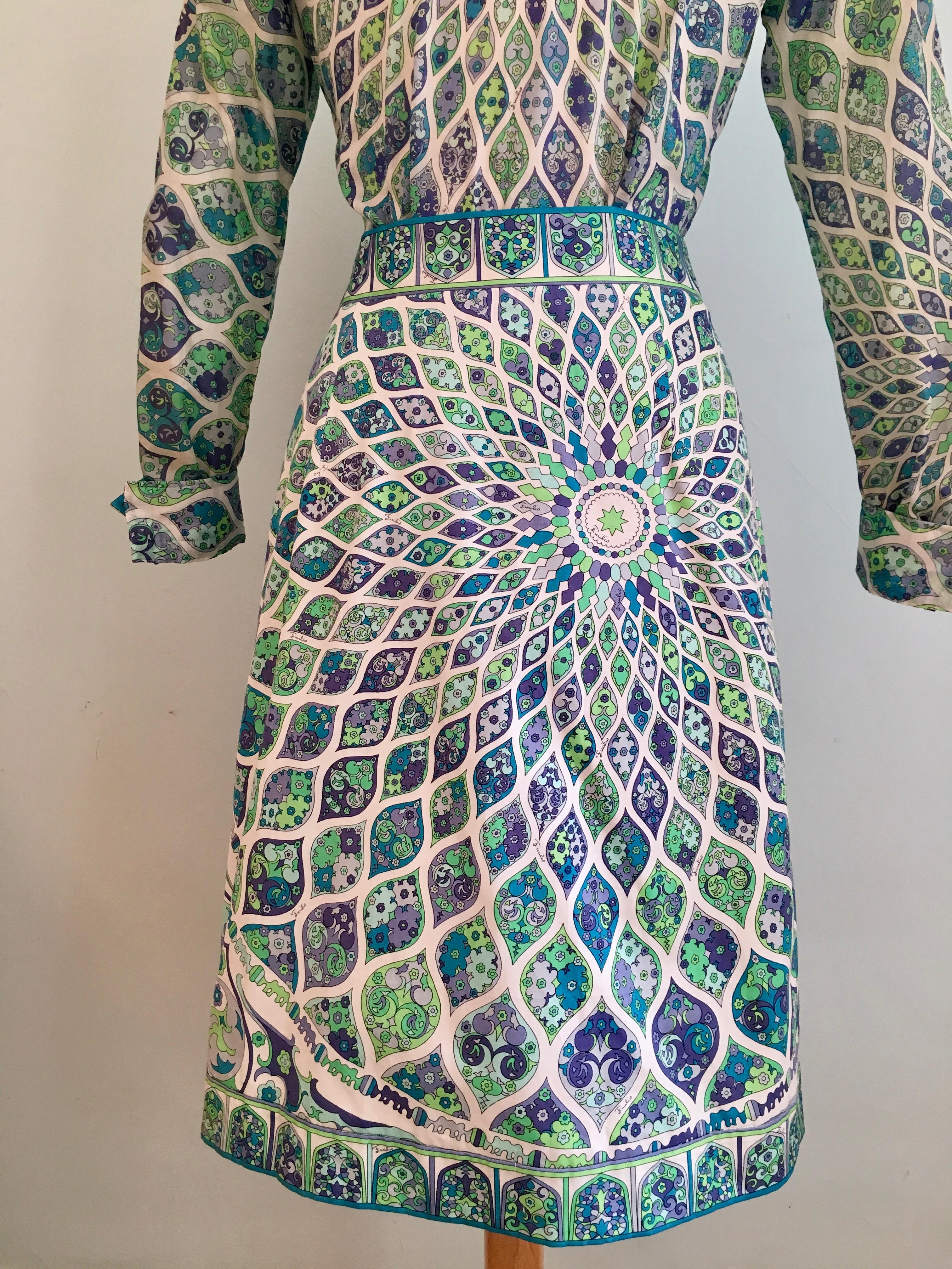 Women's Emilio Pucci Green, Lavender, Blue and Purple Cotton Blouse and Skirt Set 1960s For Sale