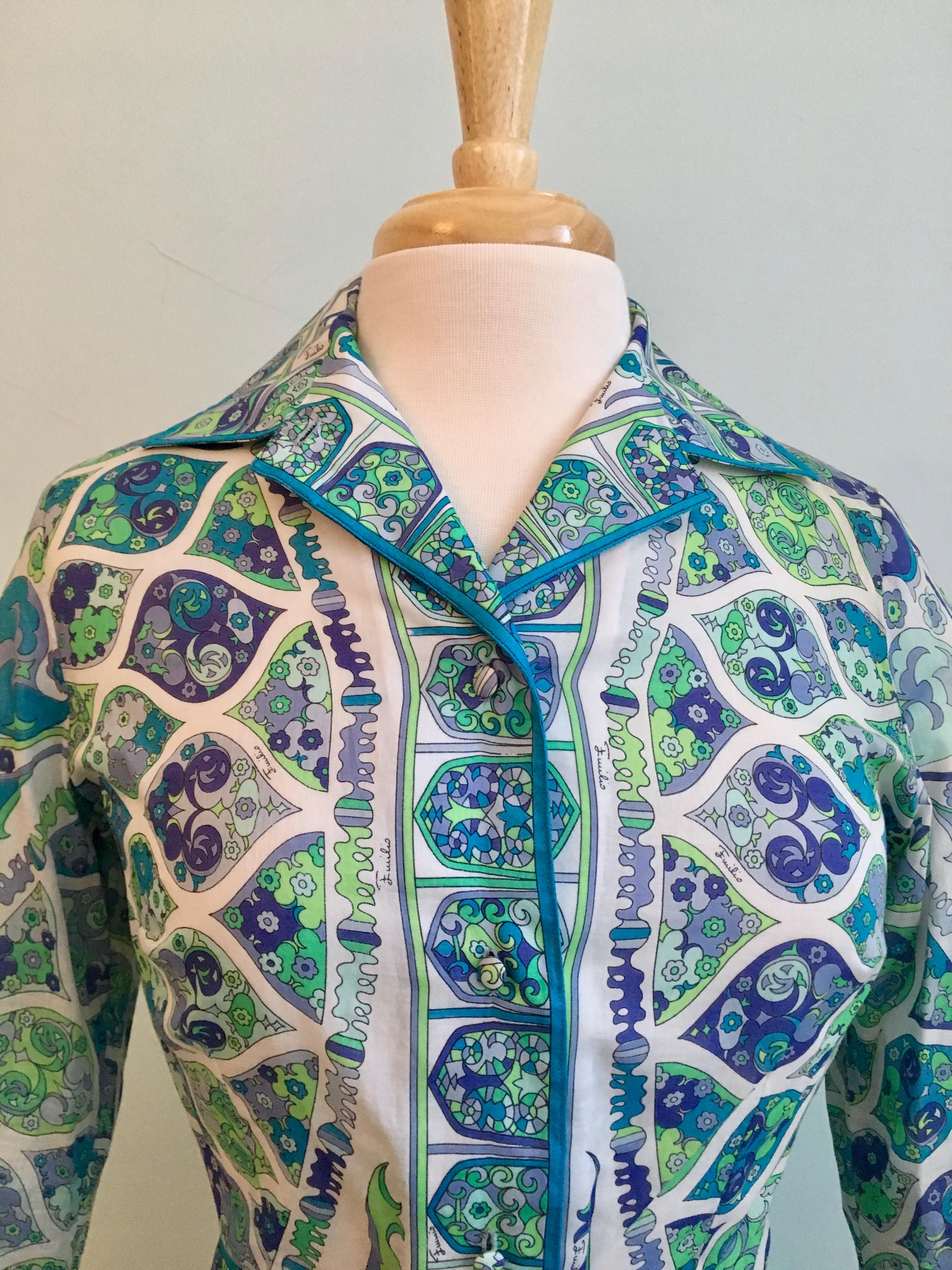 Emilio Pucci Green, Lavender, Blue and Purple Cotton Blouse and Skirt Set 1960s For Sale 2