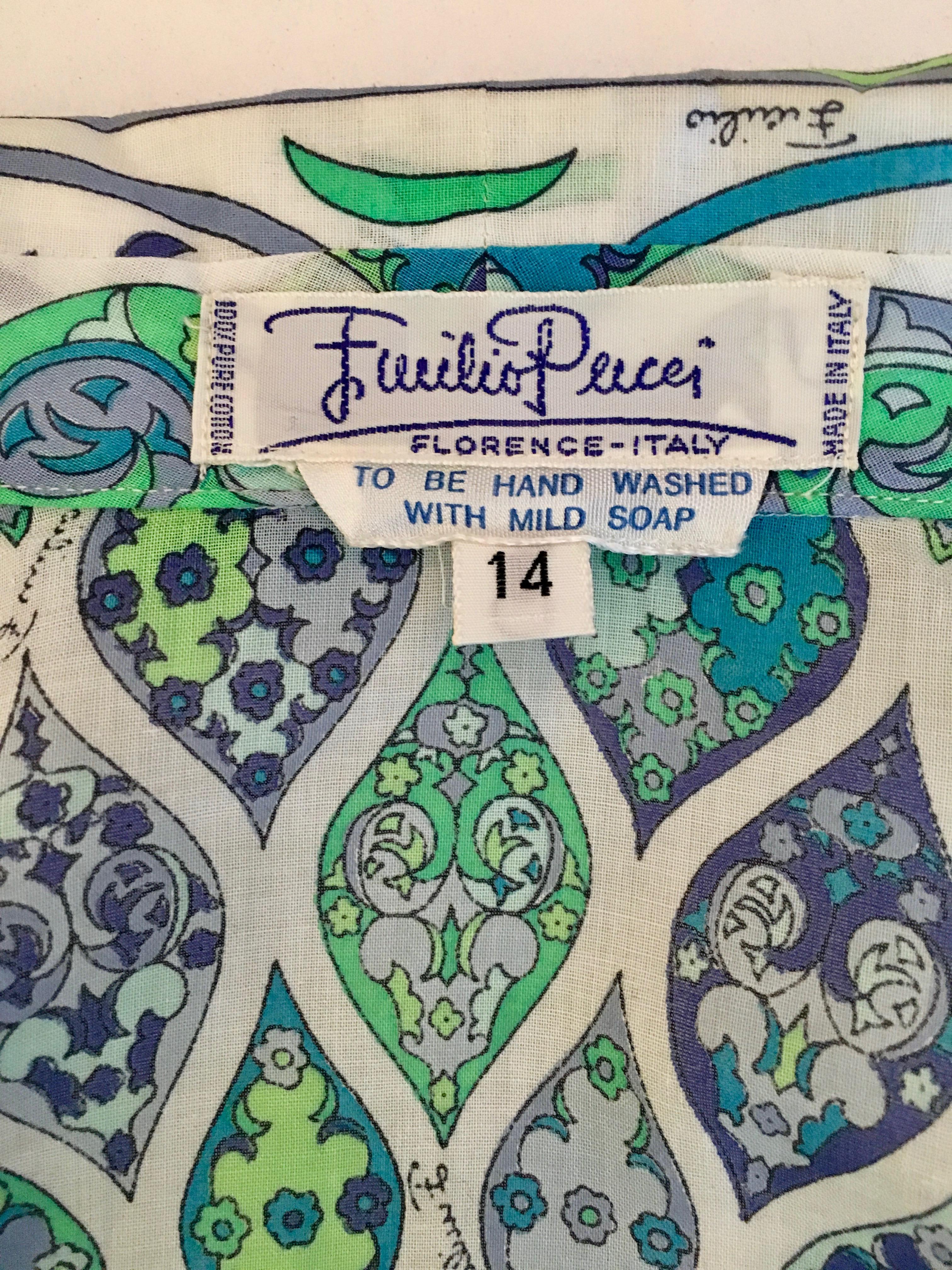 Emilio Pucci Green, Lavender, Blue and Purple Cotton Blouse and Skirt Set 1960s For Sale 3