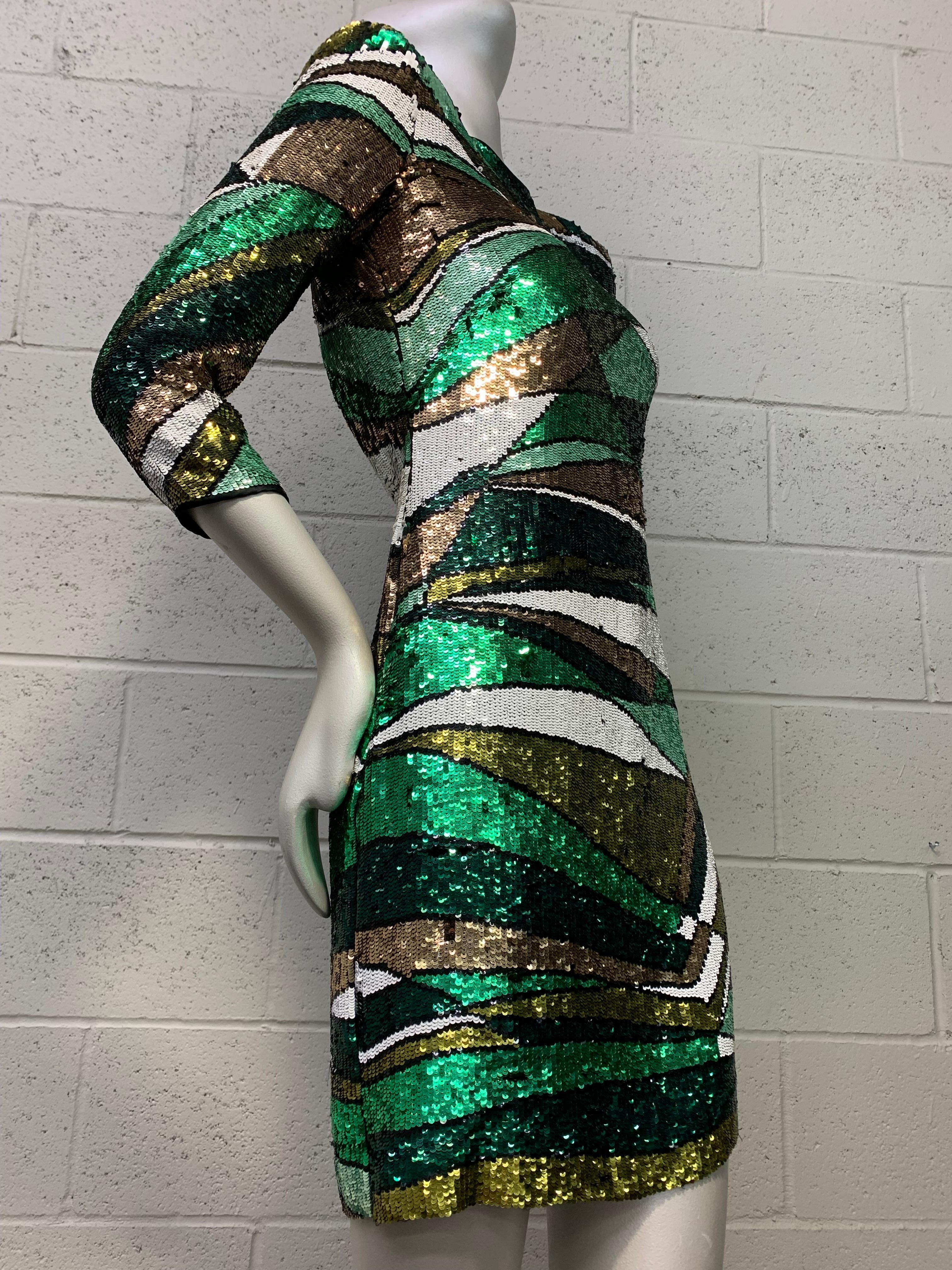 Emilio Pucci Green Metallic Prism Pattern Sequin Mini Dress w Open Keyhole Back. Zipper at back. Hook and eye at neck. Base fabric is silk and lined in silk chiffon. Boat neck and 3/4 sleeves. New, never worn. Size 38. 