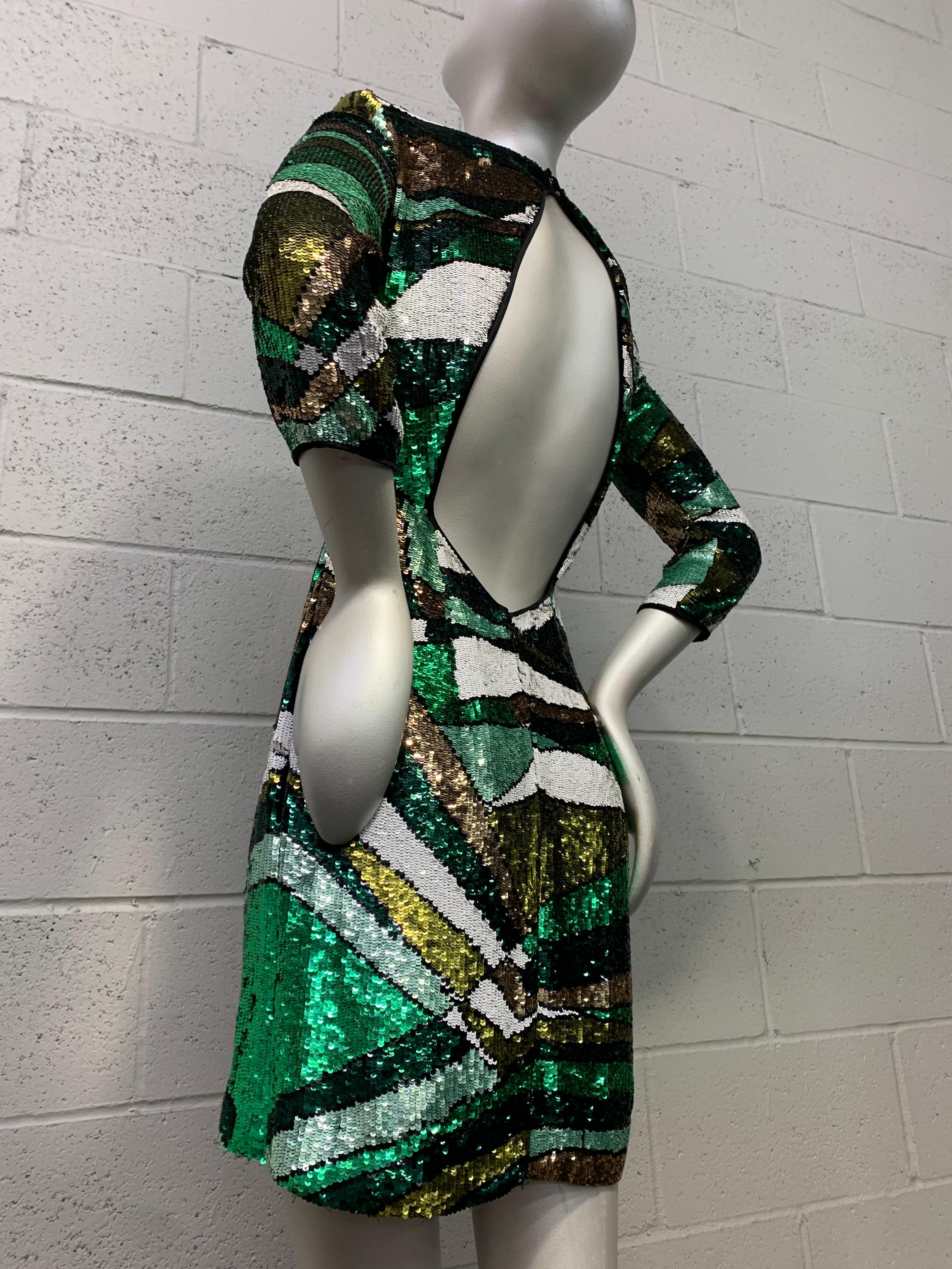 Black Emilio Pucci Green Metallic Prism Pattern Sequin Mini Dress w Open Keyhole Back For Sale
