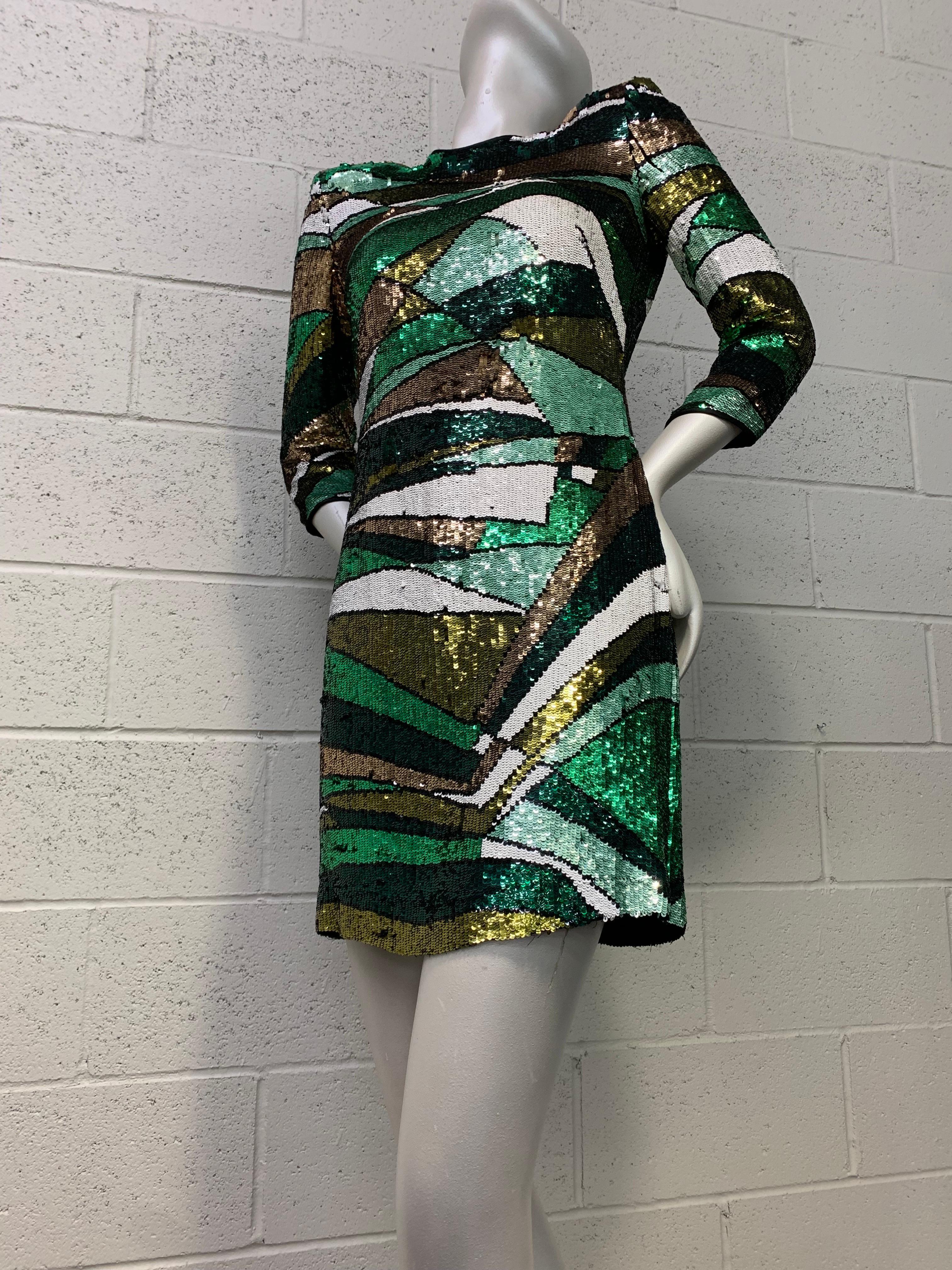 Emilio Pucci Green Metallic Prism Pattern Sequin Mini Dress w Open Keyhole Back In New Condition For Sale In Gresham, OR
