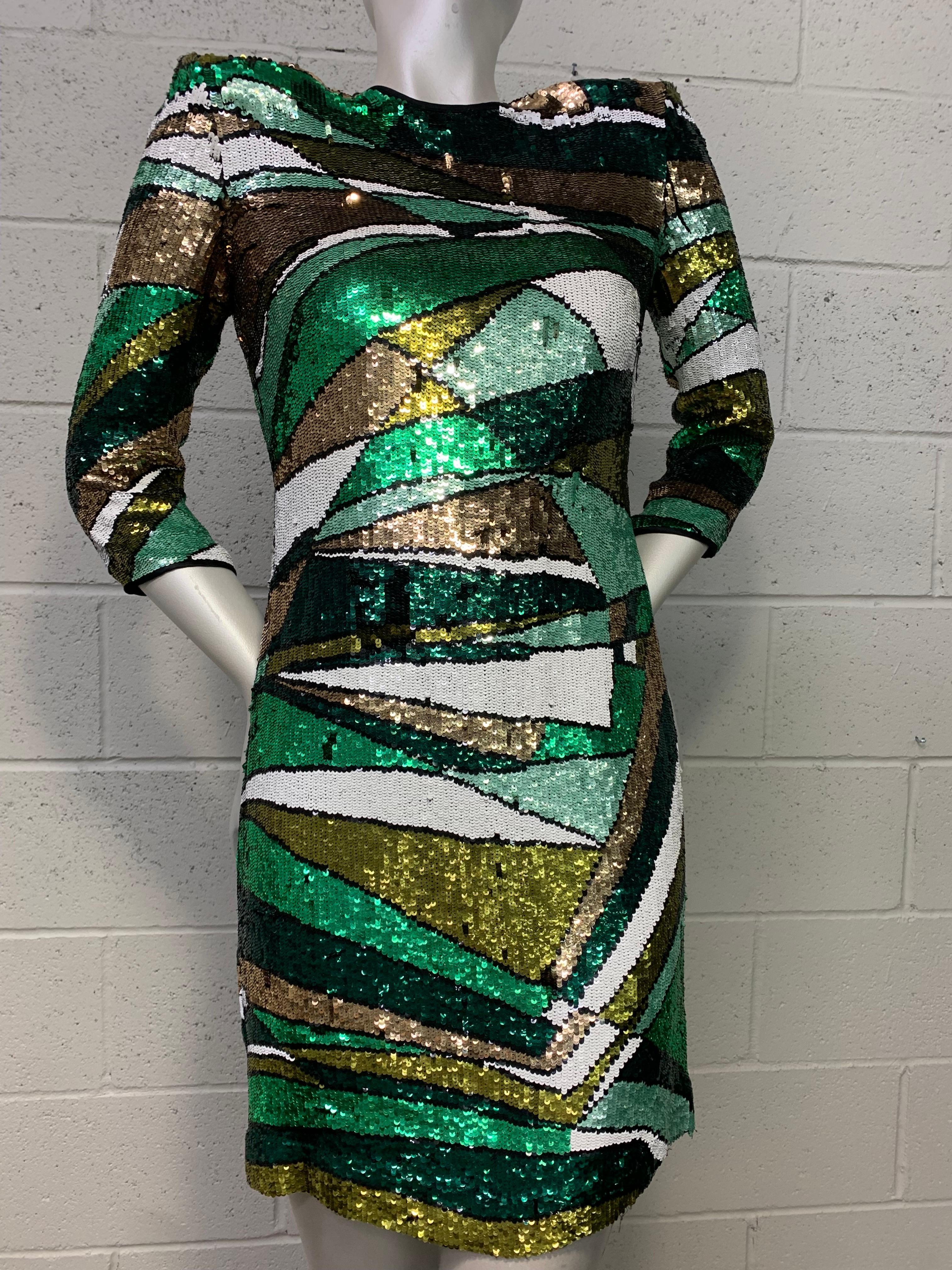 Emilio Pucci Green Metallic Prism Pattern Sequin Mini Dress w Open Keyhole Back For Sale 2