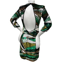 Emilio Pucci Green Metallic Prism Pattern Sequin Mini Dress w Open Keyhole Back