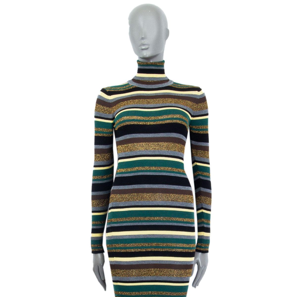 authentic Emilio Pucci knit striped dress in gray, black, brown, green, yellow vergin wool (53%), viscose (26%), cupro (13%) and golden lurex (8%) with long sleeves and a turtleneck. Unlined. Has been worn and is in excellent condition.

Tag Size