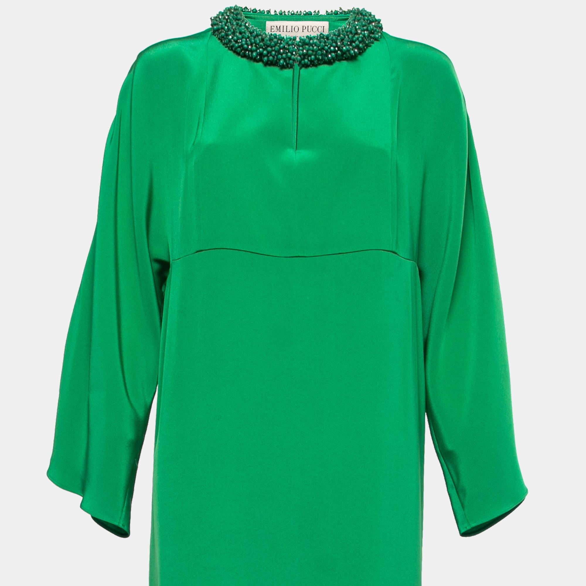 Emilio Pucci Green Silk Embellished Neck Detail Long Dress S In Good Condition In Dubai, Al Qouz 2