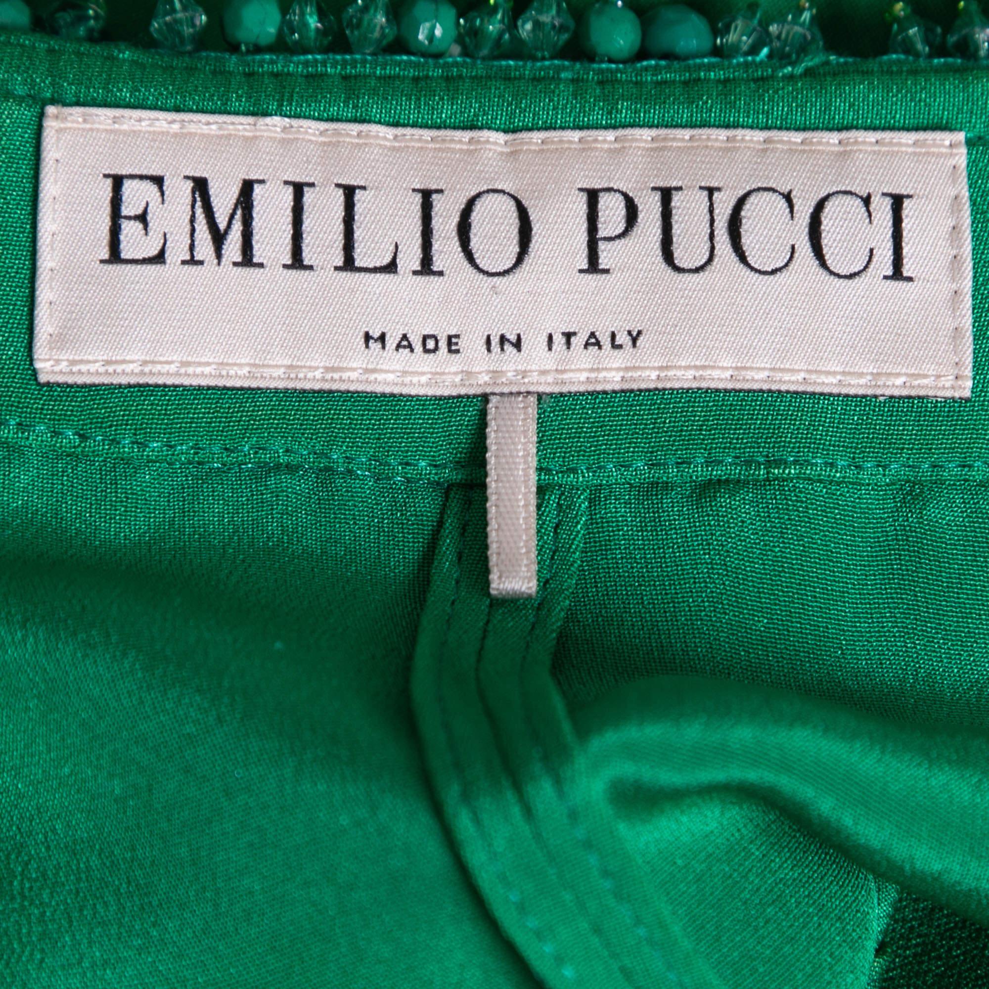 Emilio Pucci Green Silk Embellished Neck Detail Long Dress S 1