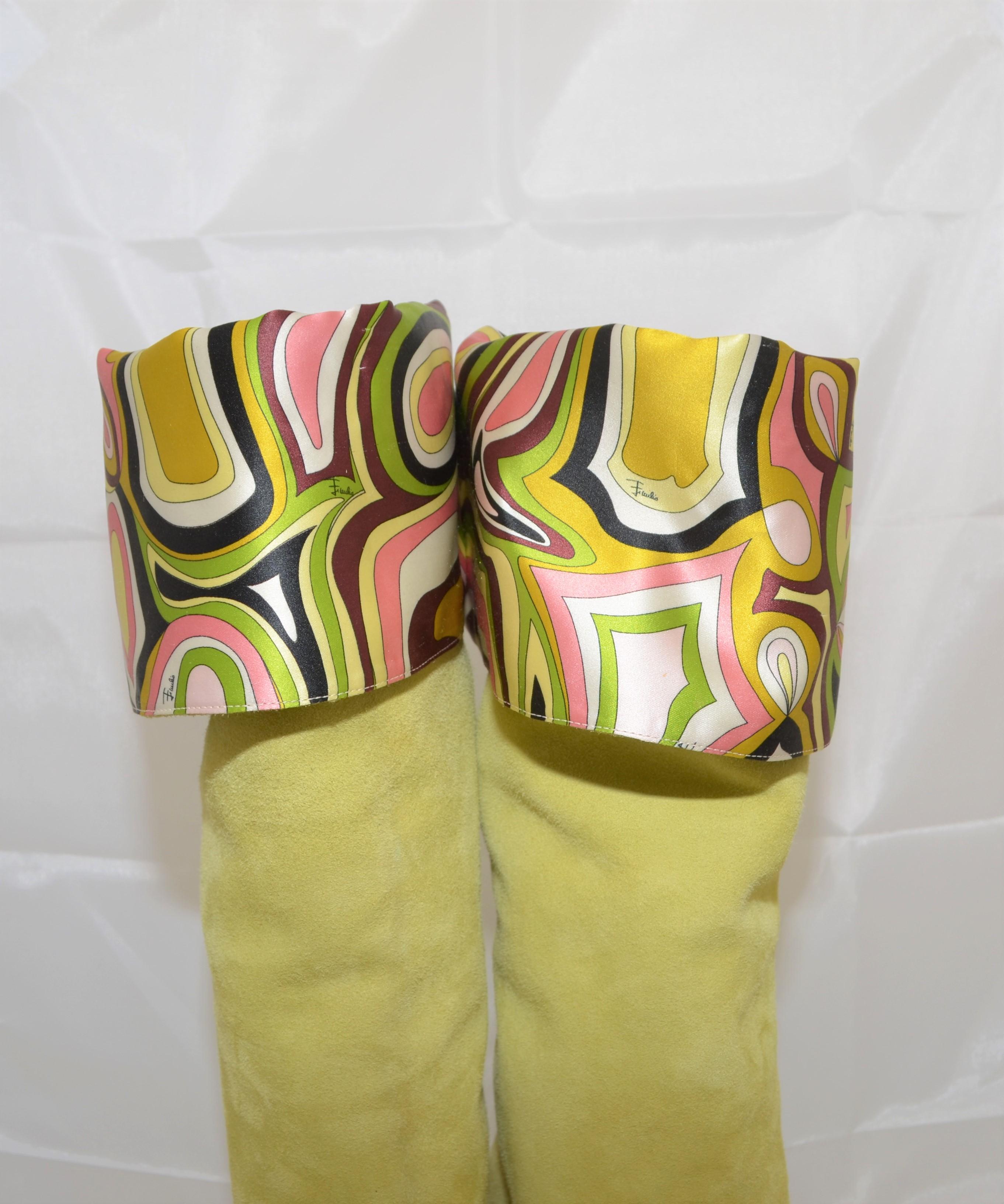 Emilio Pucci Green Suede Boots with Printed Lining 39.5 In Good Condition In Carmel, CA