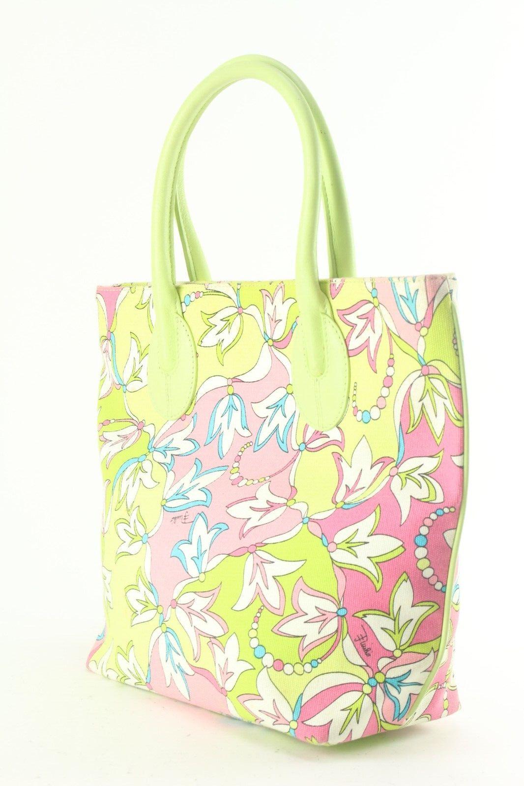 Beige Emilio Pucci Green x Pink Floral Tote 1EP822K For Sale