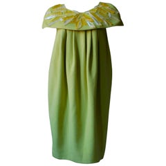 Emilio Pucci Green/Yellow Cashmere & Wool Dress with Lucite Collar Embellishment