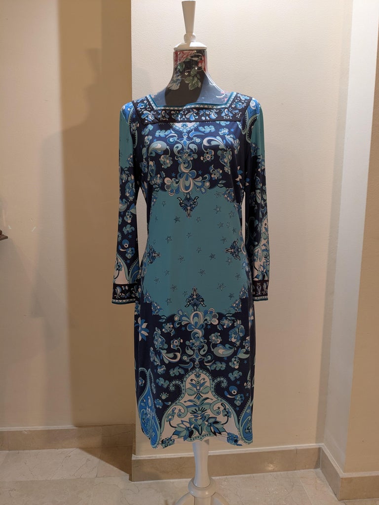 pucci cocktail dress Pucci - Marmo Print V neck Dress with Asymmetrical Hem - Size: 44 - Turquoise