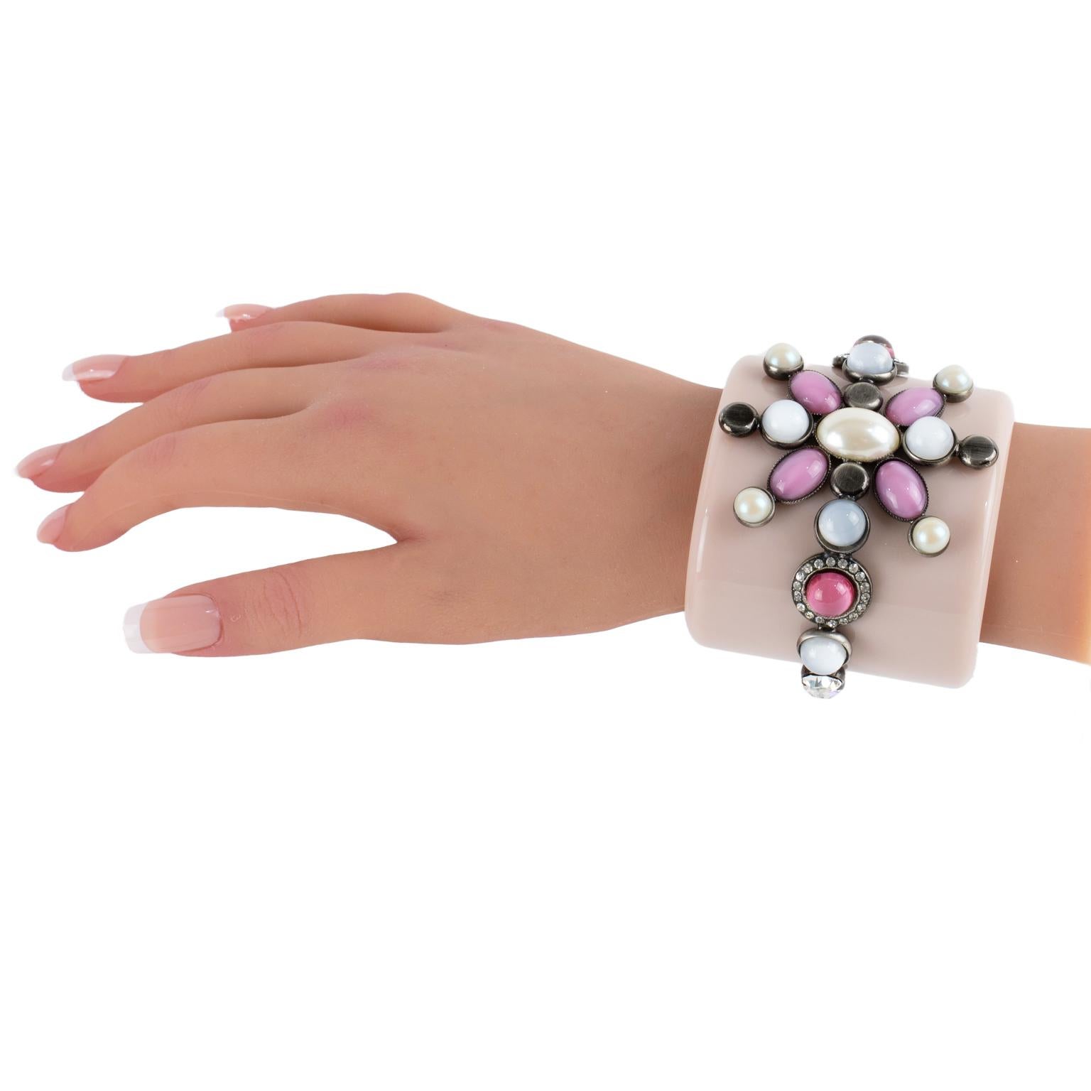 Emilio Pucci Italy Extra-Wide Pale Pink Resin Jeweled Cuff Bracelet For Sale 6