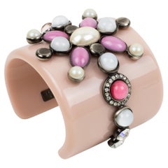 Emilio Pucci Italy Extra-Wide Pale Pink Resin Jeweled Cuff Bracelet