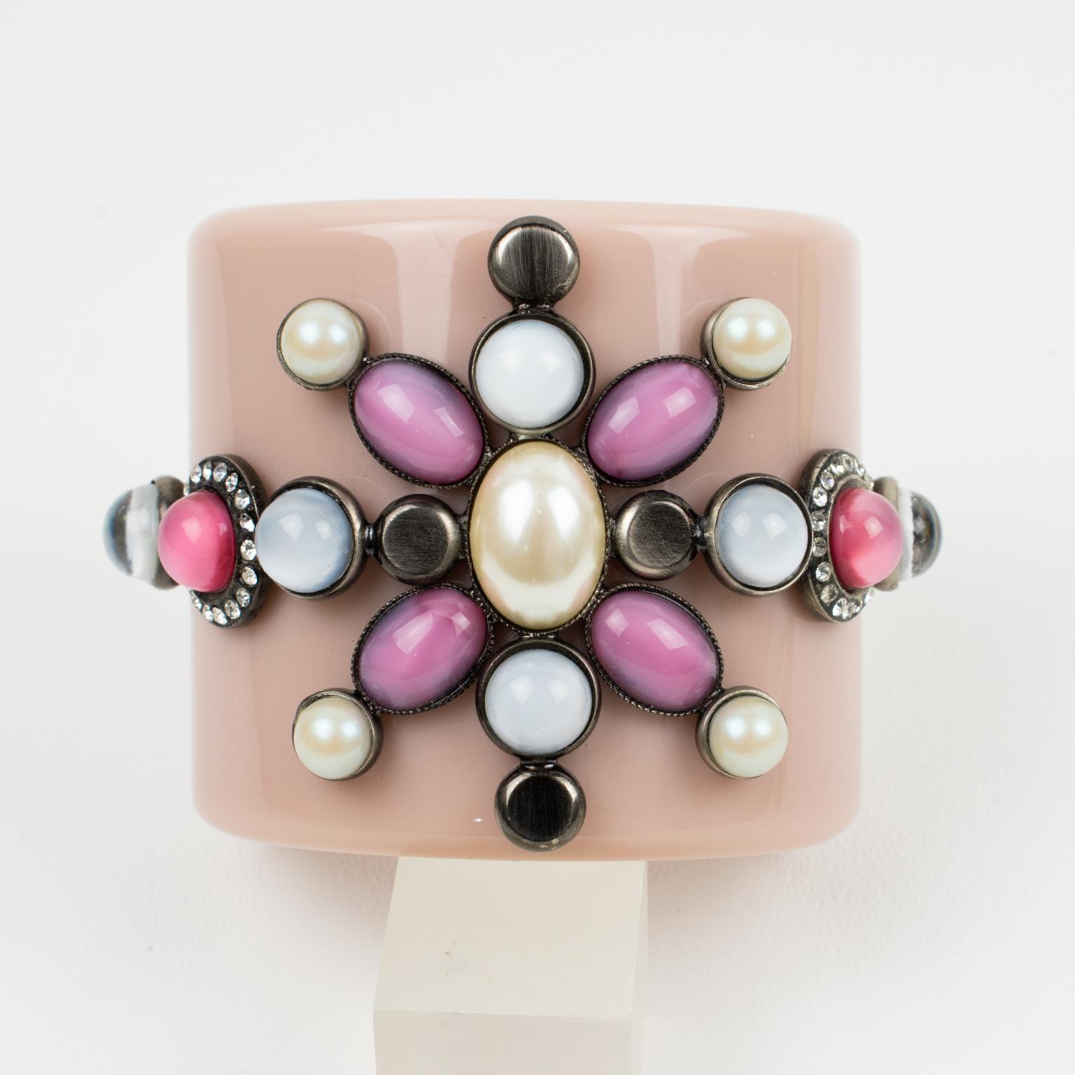 Emilio Pucci Italy Extra-Wide Pale Pink Resin Jeweled Cuff Bracelet For Sale 5