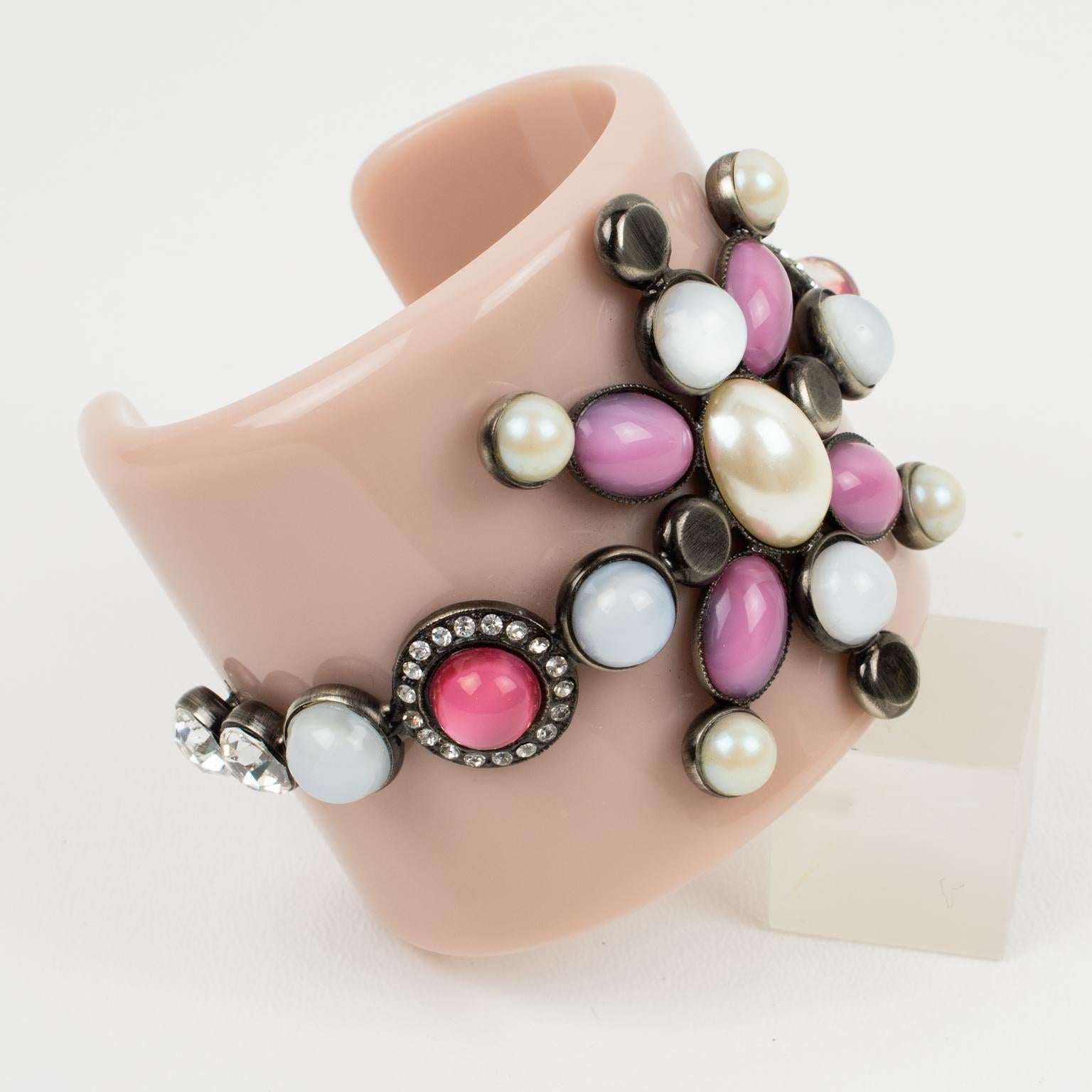 Modernist Emilio Pucci Italy Extra-Wide Pale Pink Resin Jeweled Cuff Bracelet For Sale
