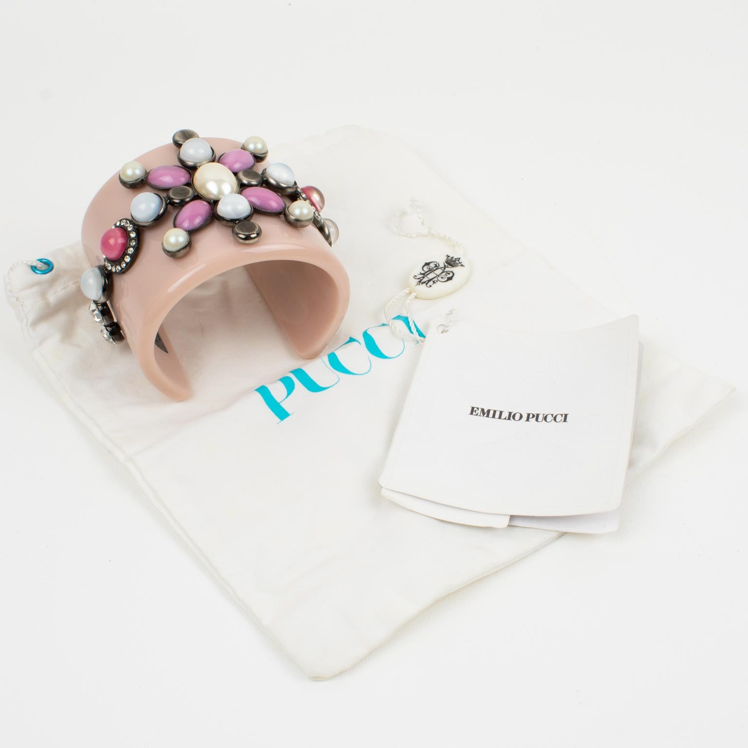 Emilio Pucci Italy Extra-Wide Pale Pink Resin Jeweled Cuff Bracelet In Excellent Condition For Sale In Atlanta, GA