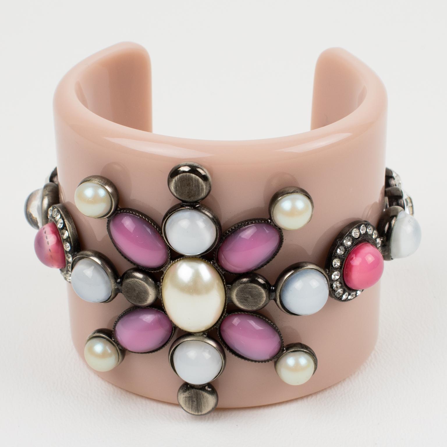 Women's or Men's Emilio Pucci Italy Extra-Wide Pale Pink Resin Jeweled Cuff Bracelet For Sale