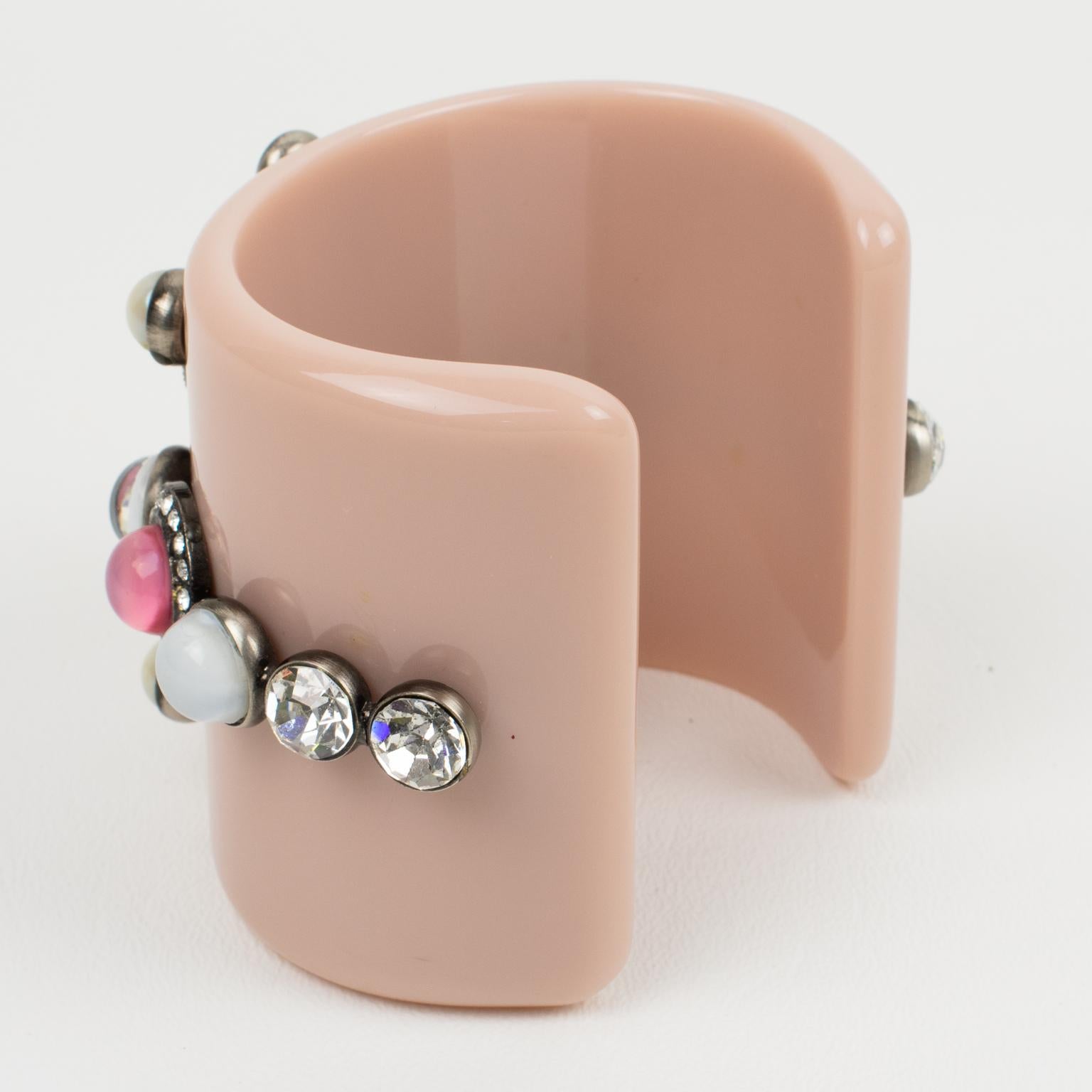 Emilio Pucci Italy Extra-Wide Pale Pink Resin Jeweled Cuff Bracelet For Sale 1