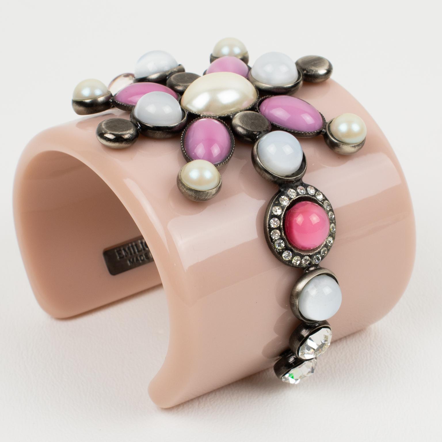 Emilio Pucci Italy Extra-Wide Pale Pink Resin Jeweled Cuff Bracelet For Sale 2